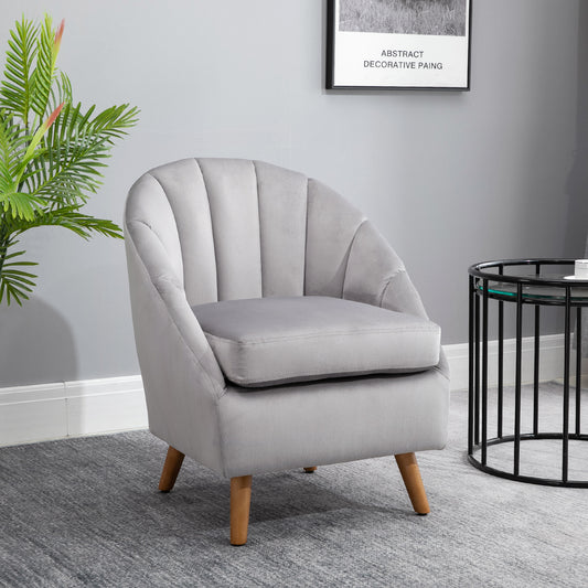 HOMCOM Accent Chair Velvet Fabric Single Sofa Armchair Home Living Room Solid Wood Leg Upholstered Side Armchair Grey