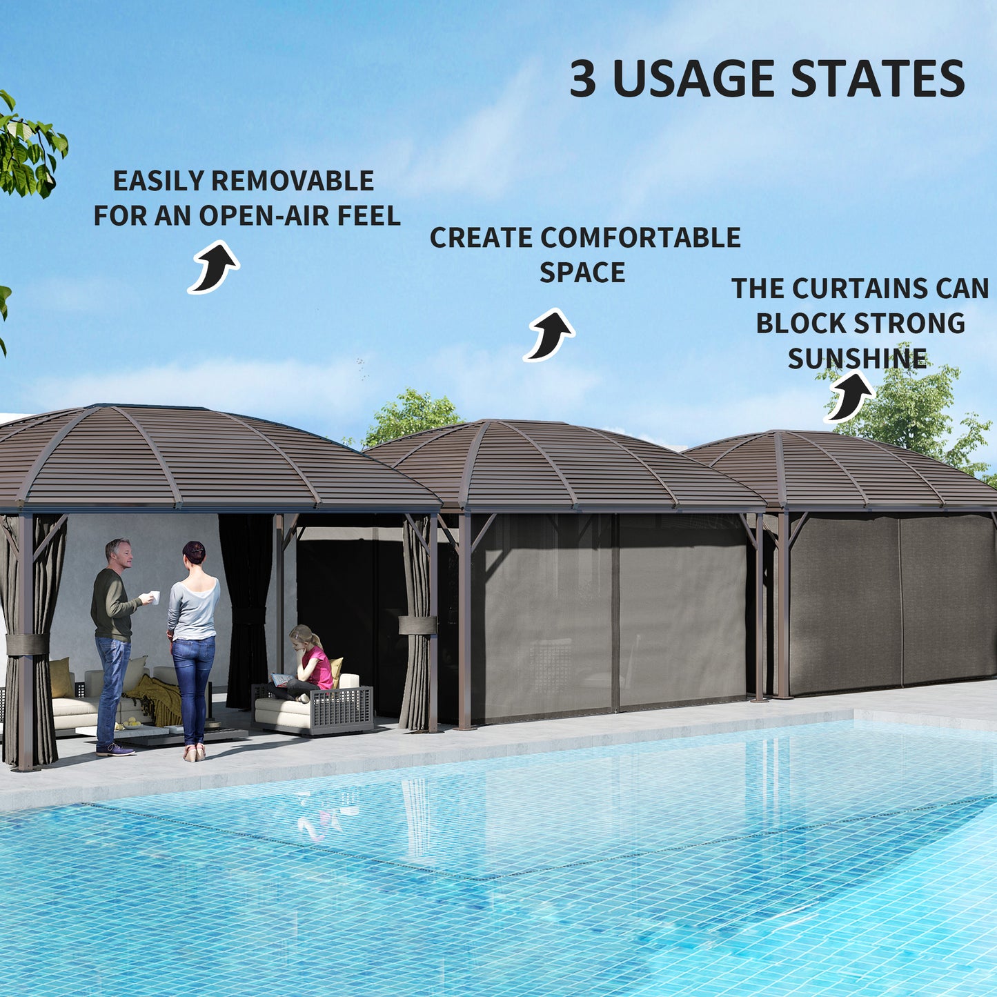 Outsunny 3 x 4m Hardtop Gazebo Canopy with Metal Roof, Aluminium Gazebo Permanent Pavilion with Netting and Curtains, Dark Grey