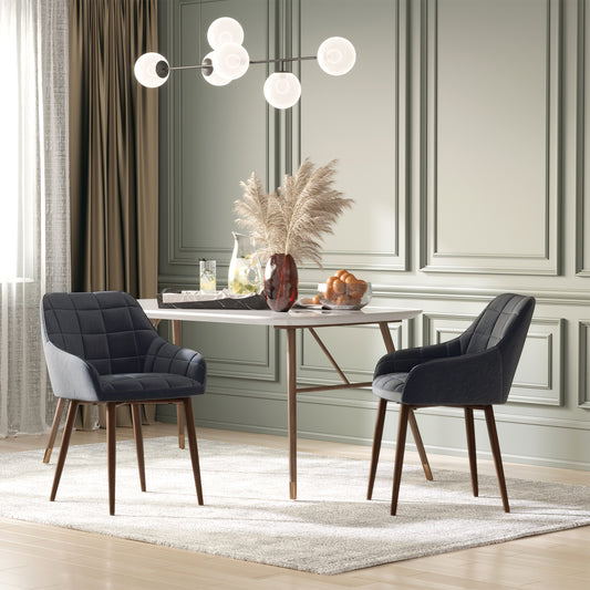 HOMCOM 2 Pieces Linen-Touch Fabric Dining Chair with Grid Pattern Cushion and Backrest, Mid Back Leisure Chair with Steel Leg, Sponge Padded Armchair for Dining Room