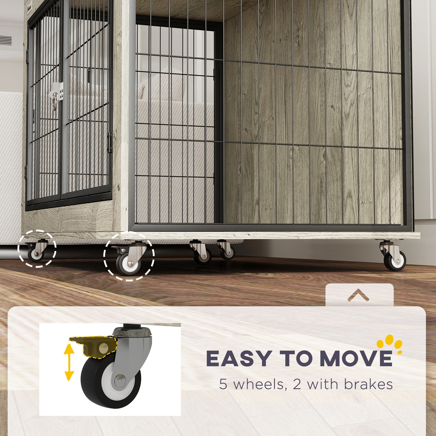 PawHut Dog Crate Furniture with Wheels, Double Doors, for Large Dogs, Grey