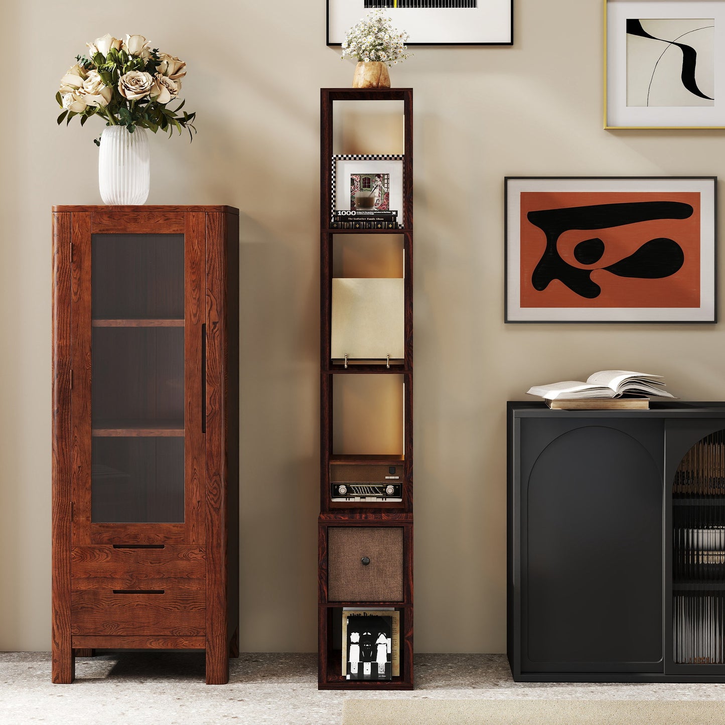 HOMCOM Floor Lamp with Shelves, LED Column Modern Standing Lamp with Fabric Drawer, Adjustable Brightness, Foot Switch for Living Room, Bedroom, Office, Dark Brown