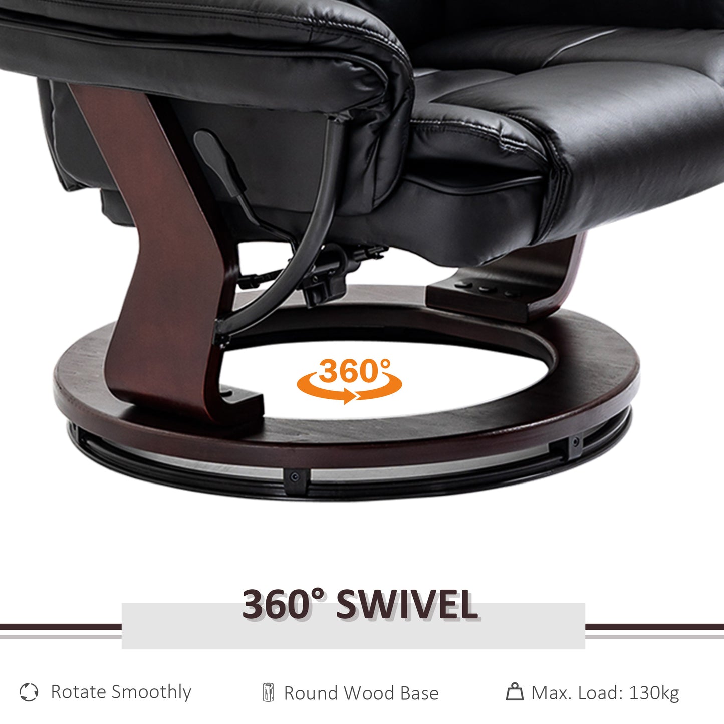 HOMCOM Recliner Chair With footstool, Recliner Armchair up to 130kg Weight Capacity, 135° Reclining Swivel Sofa Chair, PU Leather Ergonomic Couch Bed with Swivel Wood Base for Living Room, Black