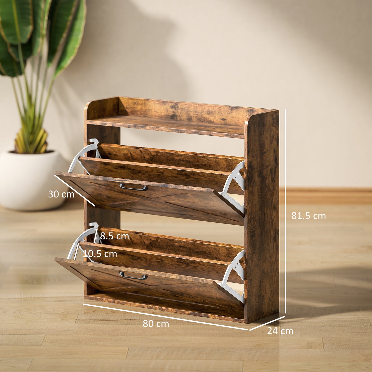 HOMCOM Two Flip Drawer Narrow Shoe Cabinet with Adjustable Shelves - Rustic Brown