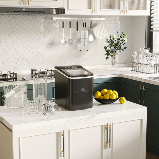 HOMCOM Countertop Ice Machine, 12Kg in 24 Hrs, 9 Cubes Ready in 8 Mins, Portable Ice Cube Maker w/ Self-Cleaning, Adjustable Ice Size, Ice Scoop, Basket for Home, Kitchen, No Plumbing Required, Black