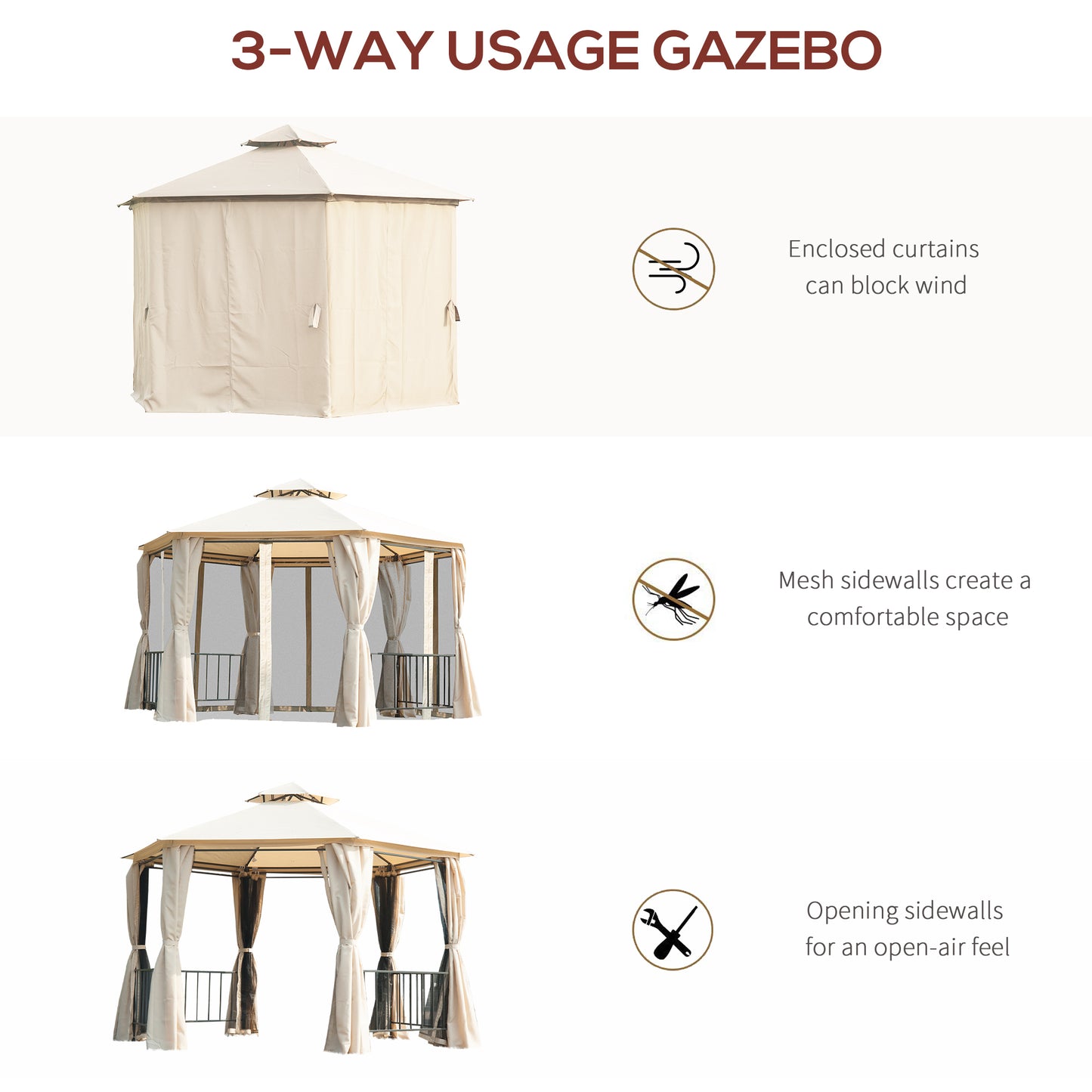 Outsunny 3 x 3 Hexagon Gazebo Patio Canopy Party Tent Outdoor Garden Shelter with 2 Tier Roof and Side Panel, Beige