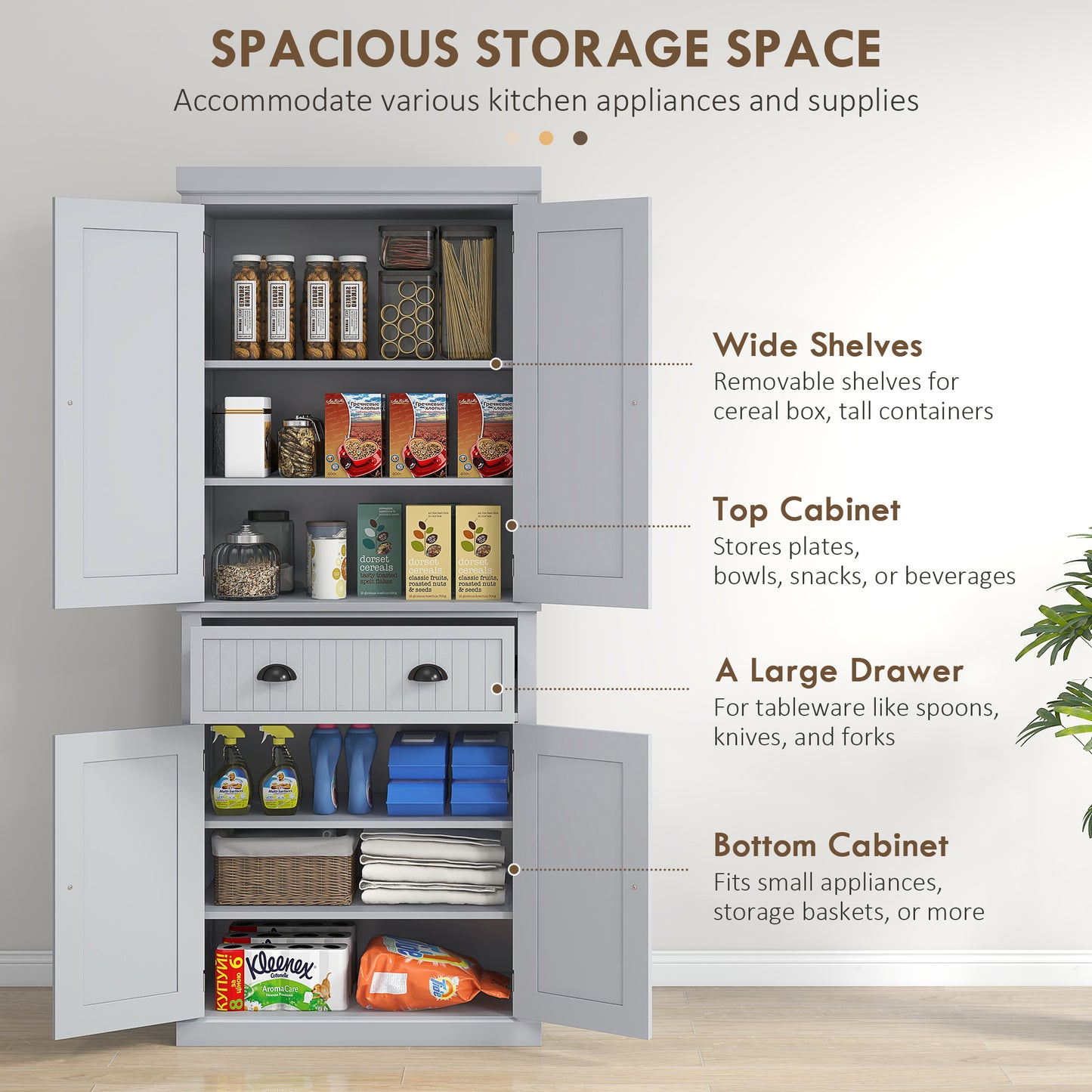 HOMCOM Grey Kitchen Cabinet Painted Kitchen Cupboards with 3 Adjustable Shelves