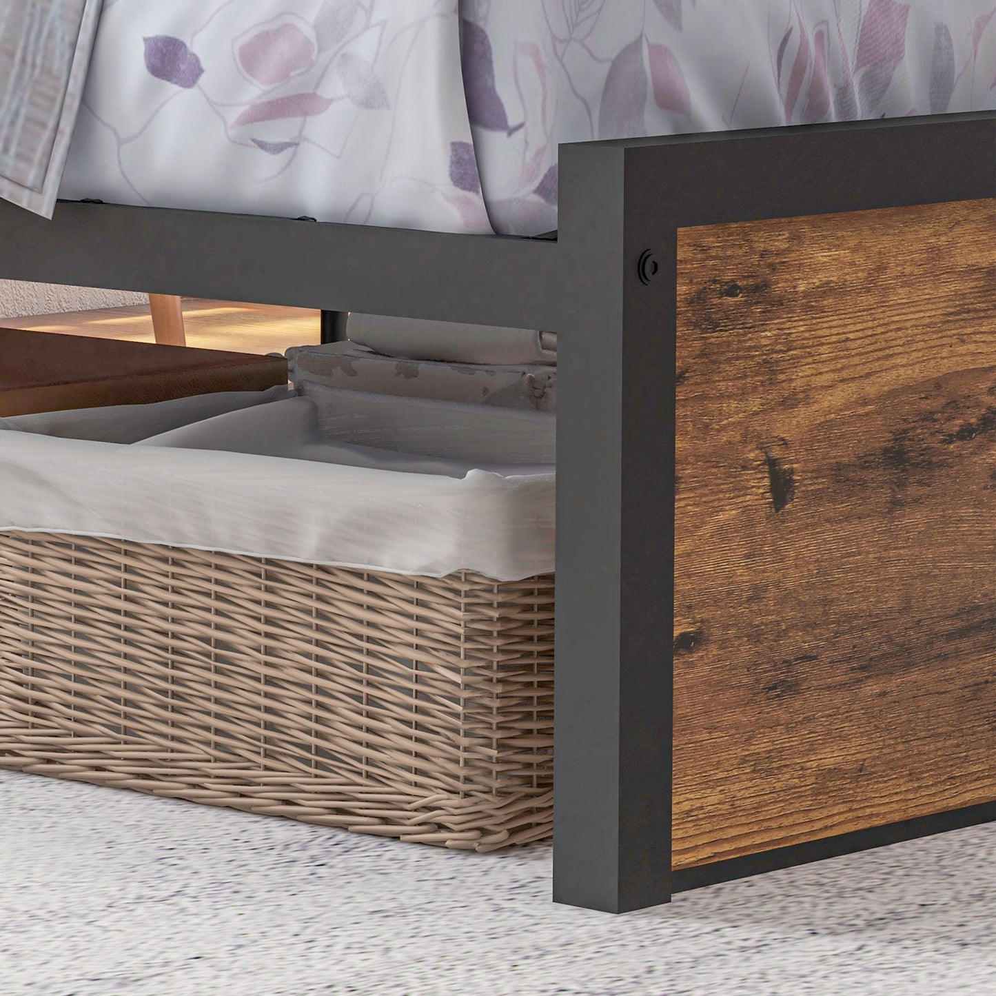 HOMCOM Industrial Single Bed Frame, 3.1FT Steel Bed Base with Storage Headboard, Footboard, Slatted Support and Under Bed Storage, 95 x 209cm, Rustic Brown