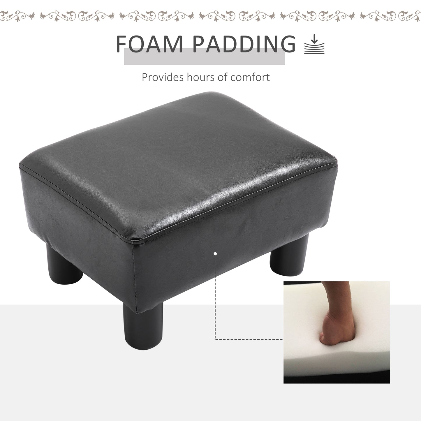 HOMCOM Faux Leather Footstool, Small Foot Rest, Rectangle Sofa Stool for Bedroom Living Room, Black