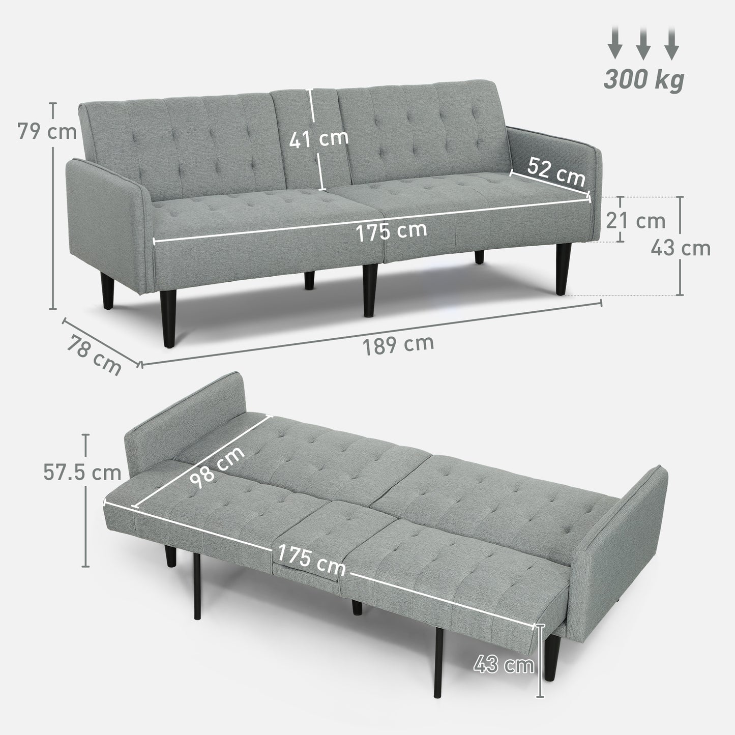 HOMCOM Three-Seater Sofa Bed, with Cupholders - Light Grey