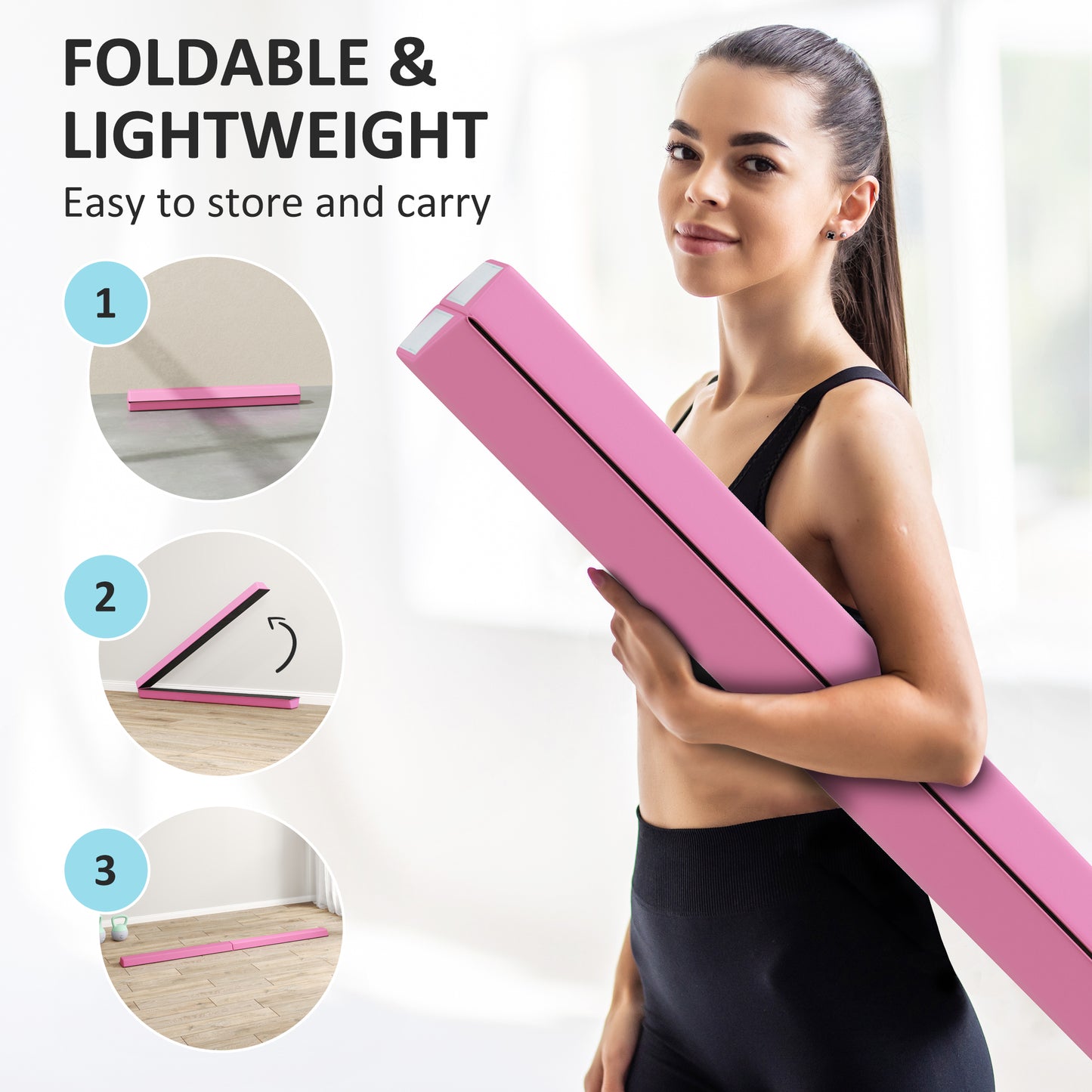 SPORTNOW 7.7ft Folding Gymnastics Beam, Floor Balance Beam for Kids with Anti-Slip Base, Gymnastics Equipment for Home, Pink