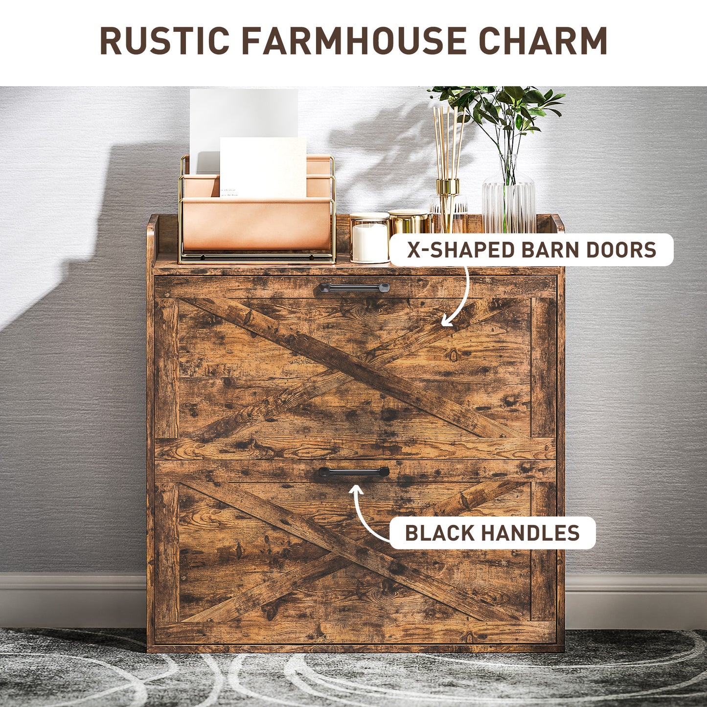 HOMCOM Two Flip Drawer Narrow Shoe Cabinet with Adjustable Shelves - Rustic Brown