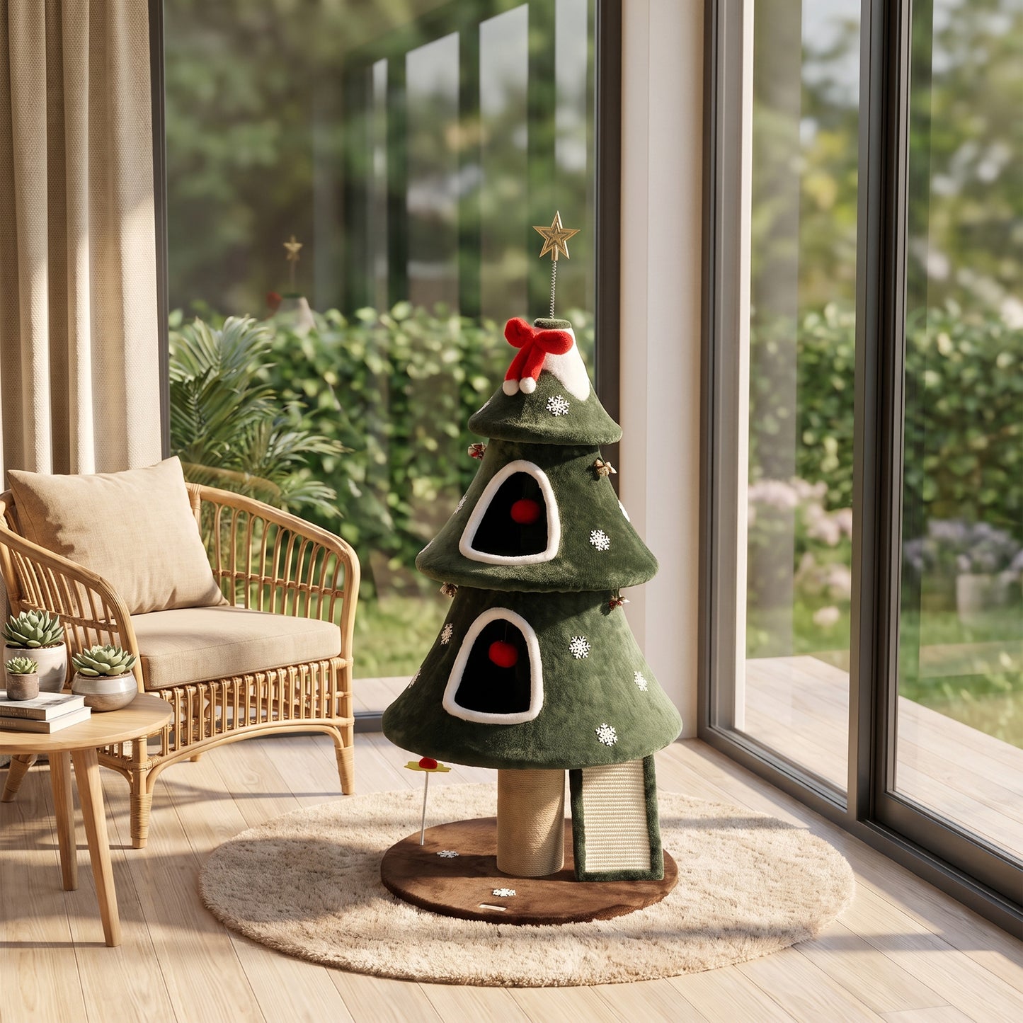 PawHut Cat Tree, Christmas Cat Tower with Dual Condos, Sisal Ladder, Jute Posts, Anti-Tip Rope, Hanging Balls, 60 x 60 x 132 cm