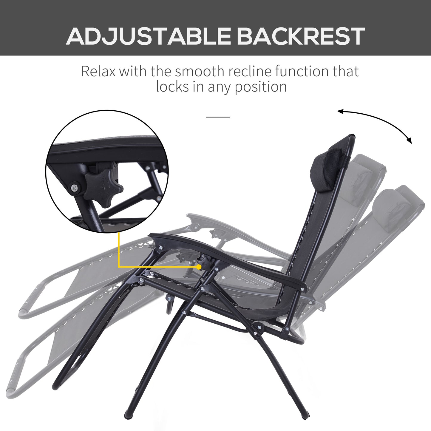 Outsunny Zero Gravity Chair Set of 2, Metal Frame Texteline Armchair Outdoor Folding and Reclining Sun Lounger with Head Pillow for Patio Decking Gardens Camping, Black