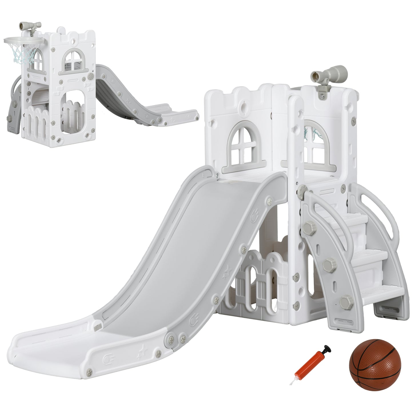 AIYAPLAY 5 in 1 Toddler Slide with Basketball Hoop, Climber, Telescope, Storage Basket, for Ages 1-3 Years, Grey