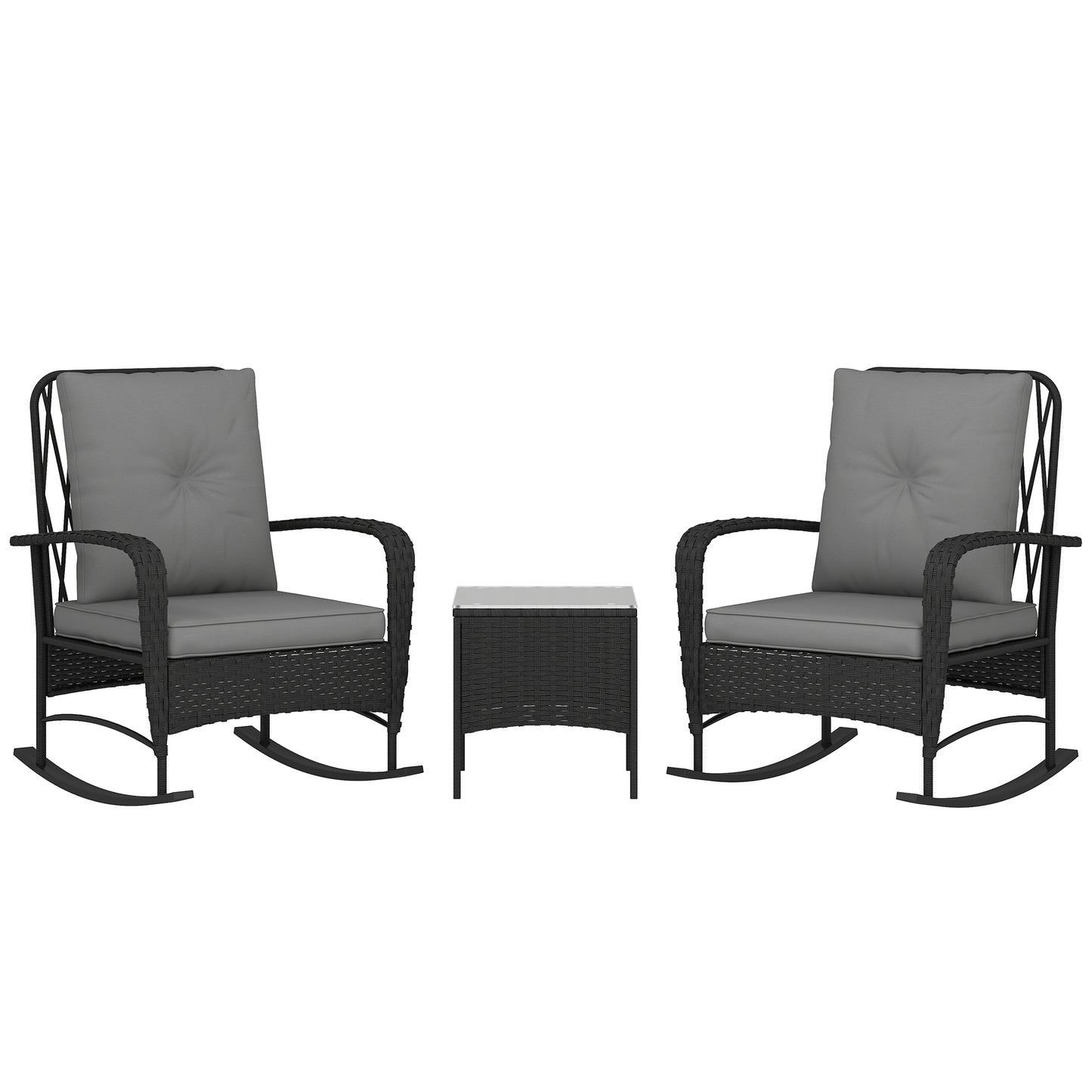 Outsunny Three-Piece Rocking Chair Rattan Bistro Set - Black
