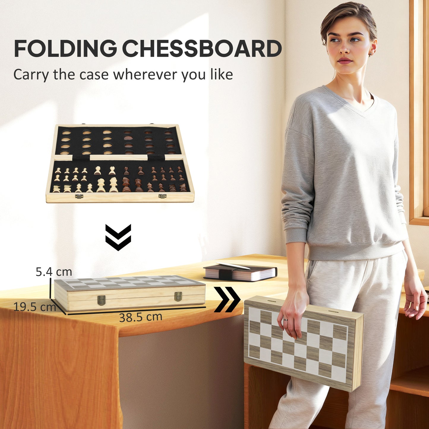 SPORTNOW 15 Inch Chess Set, Foldable Chess and Draughts Set, Brown