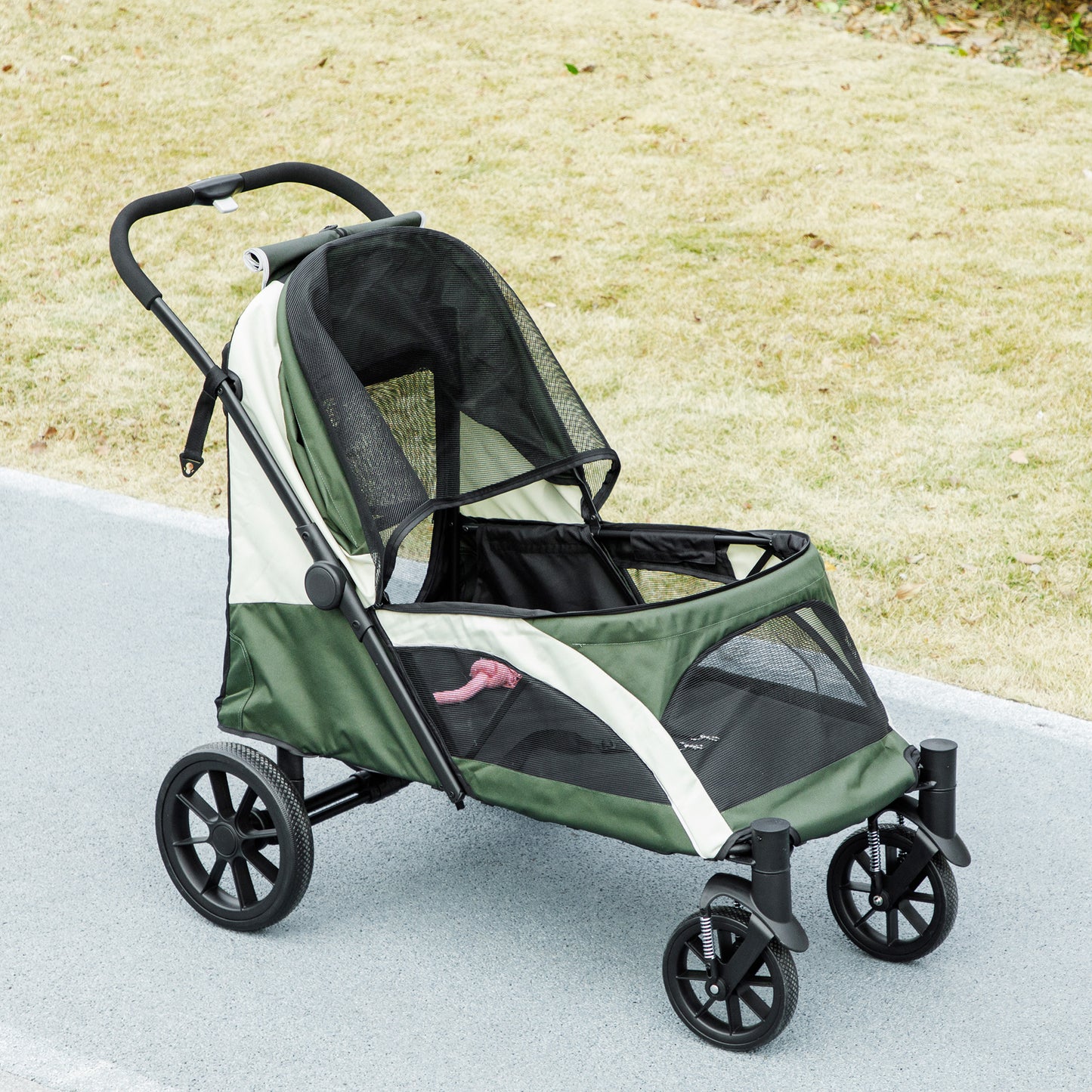 PawHut Foldable Pet Stroller for Large Dogs with Four Big Wheels, Shock-Absorbing Frame, Safety Leashes, Brakes, Dark Green