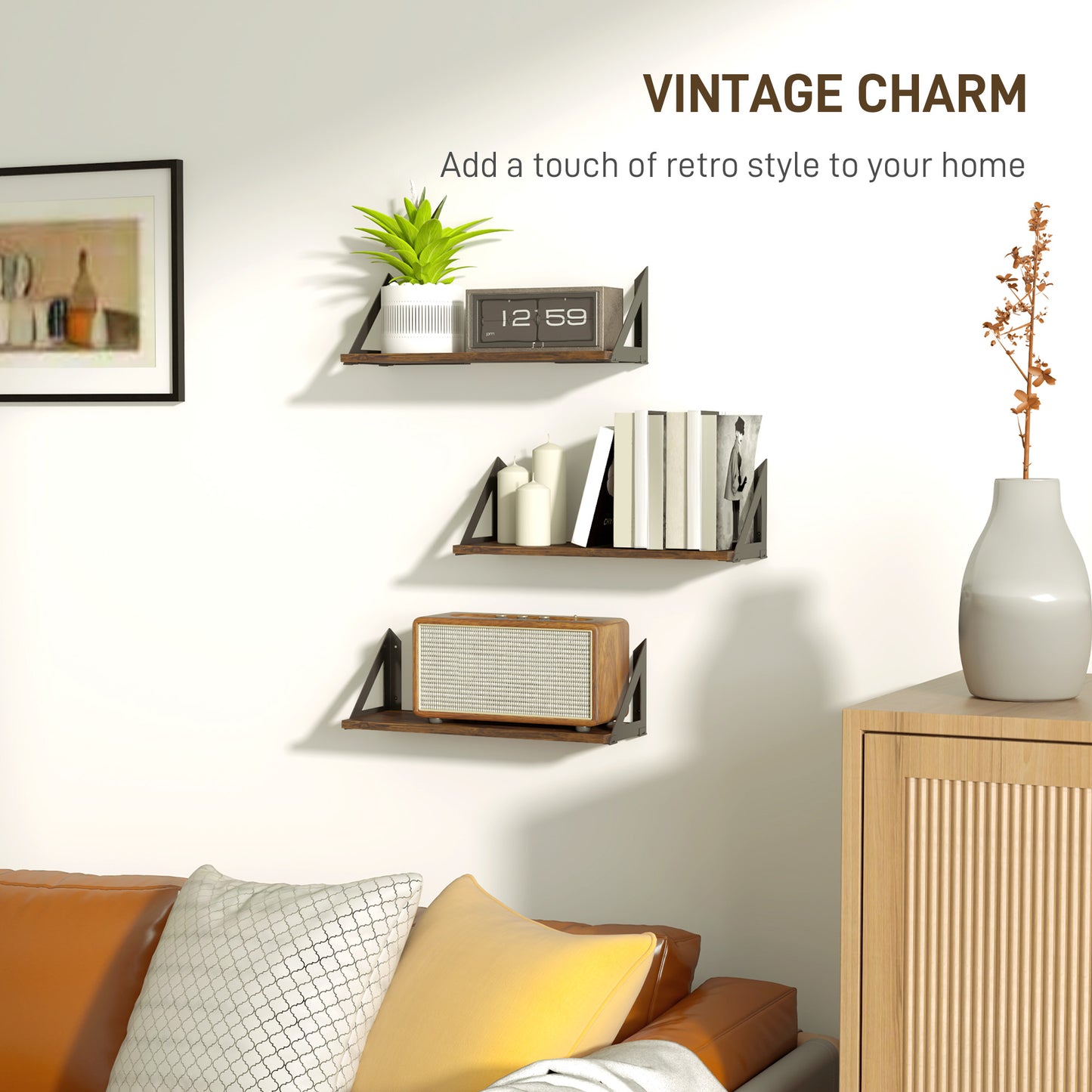 HOMCOM Set of 3 Wall Shelves, 43cm Vintage Wall Mounted Floating Shelves for Living Room, Entryway, Bedroom, Rustic Brown