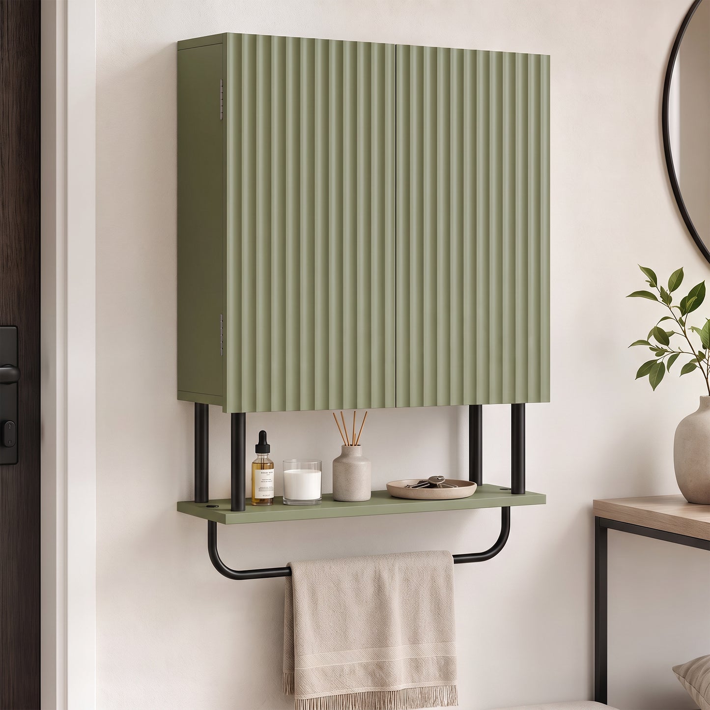 HOMCOM Bathroom Wall Cabinet Modern Space Saver Wall Mounted Cabinet Doors Storage Green
