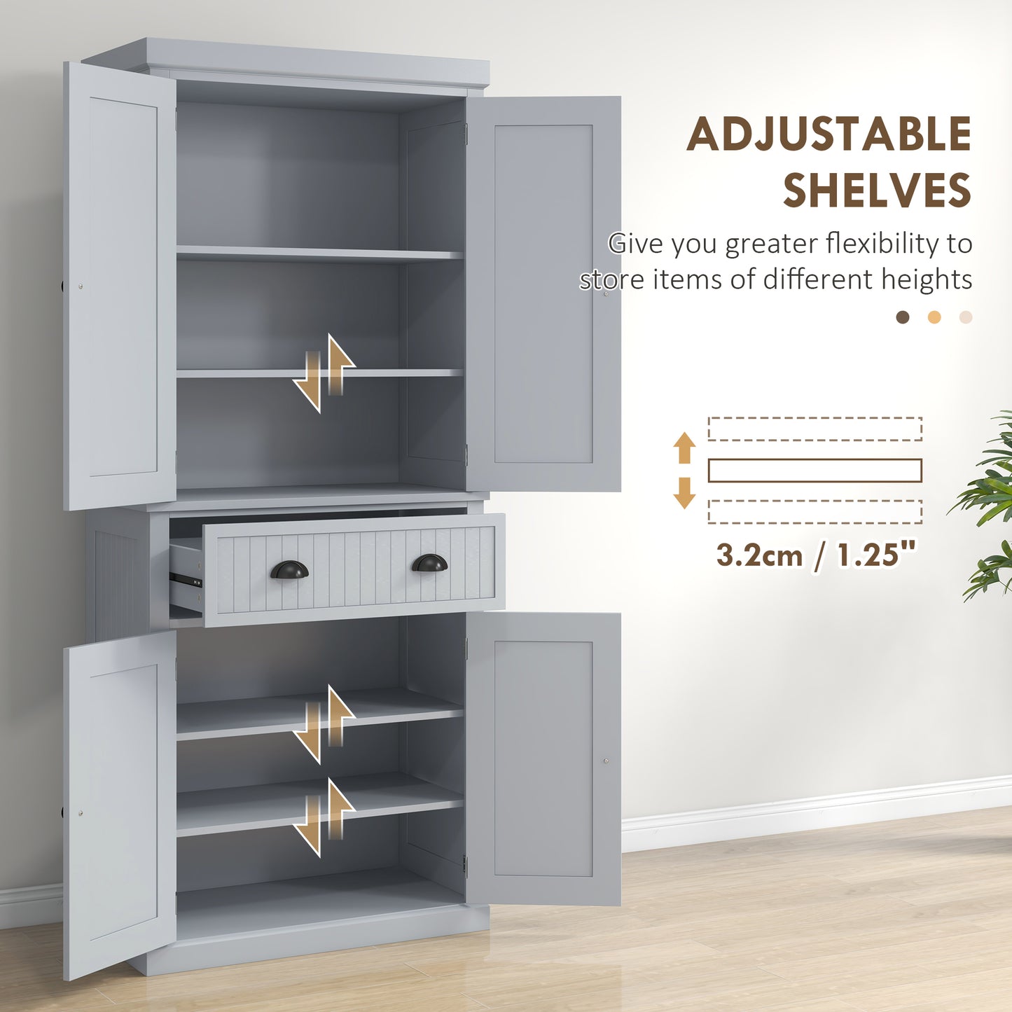 HOMCOM Grey Kitchen Cabinet Painted Kitchen Cupboards with 3 Adjustable Shelves