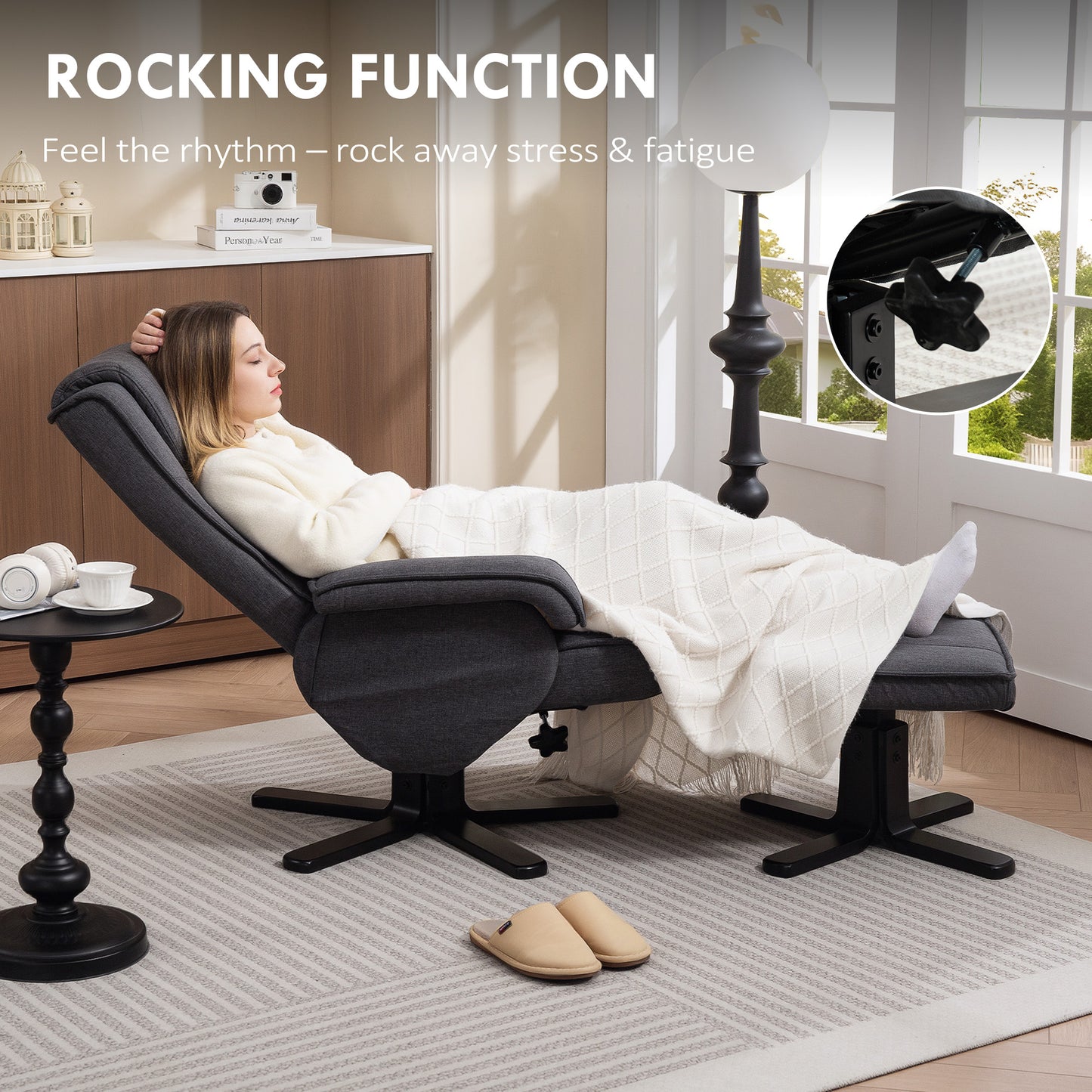 HOMCOM Swivel Recliner Chair with Footstool - Charcoal Grey Linen