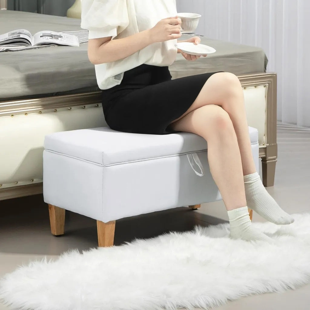 HOMCOM 30L Linen Storage Ottoman Padded Footstool with Rubberwood Legs for Storage Box, Bed End, Shoe Bench, Seating, Cream White
