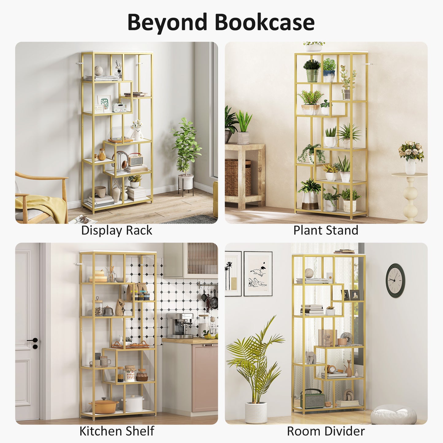 HOMCOM Seven-Tier Geometric Bookcase - White/Gold Tone