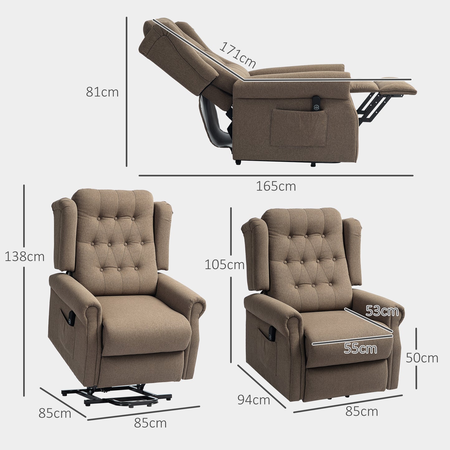 HOMCOM 45° Lifting Riser and Recliner Armchair  - Dark Brown