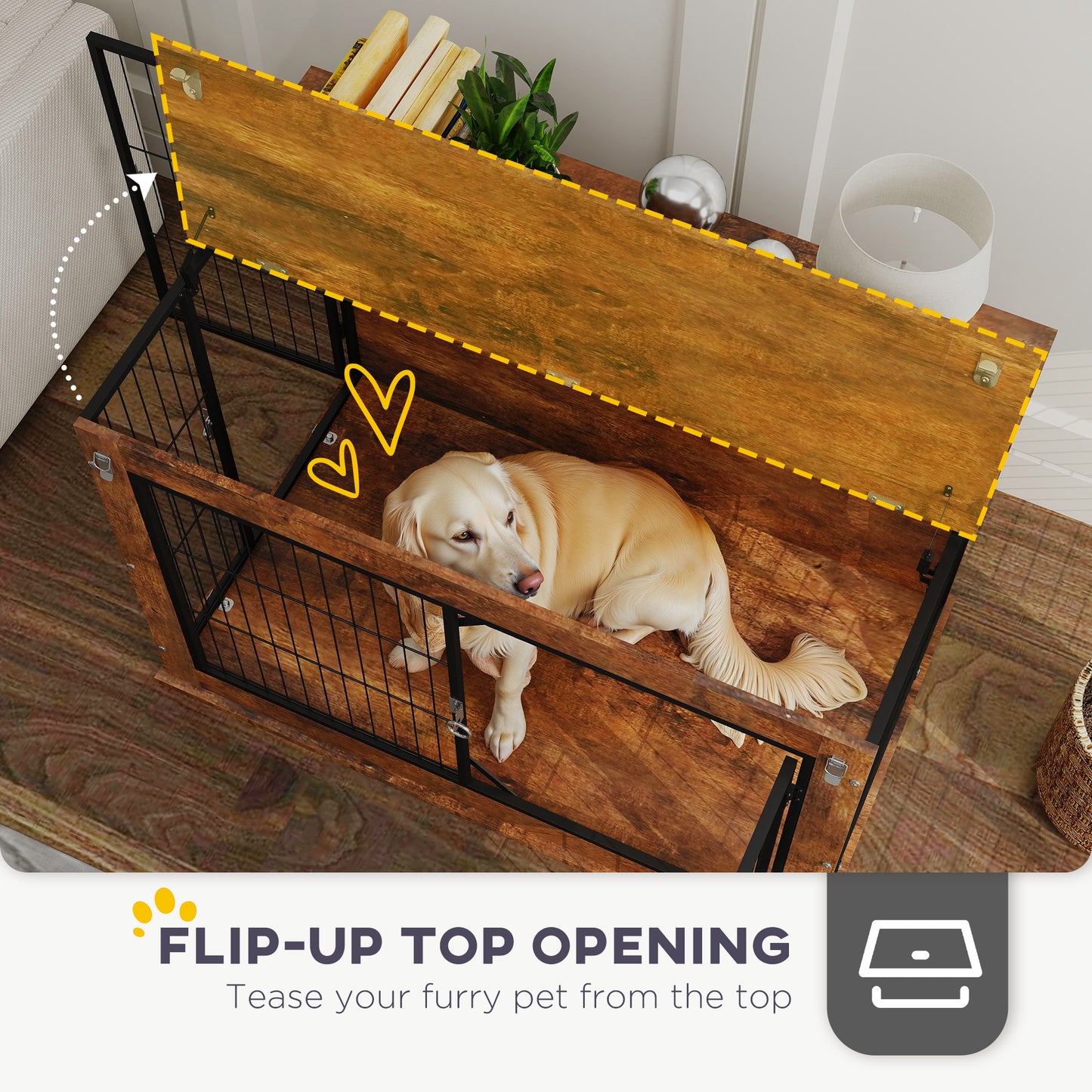 PawHut Dog Crate Furniture with Openable Top, Two Doors, for Large Dogs, Rustic Brown