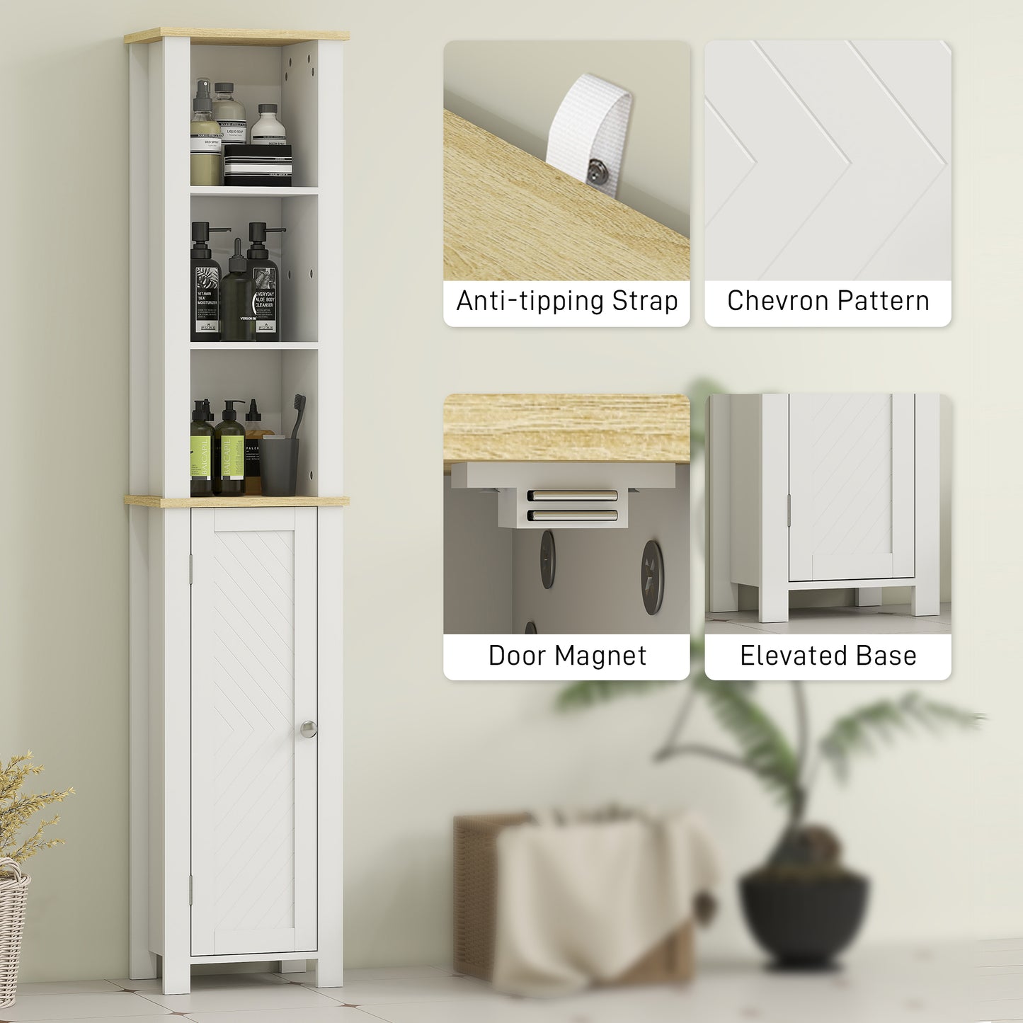 kleankin Slim Bathroom Storage Unit with Open Compartment, Bathroom Storage Cabinet with Adjustable Shelf, 34 x 23 x 165 cm, White