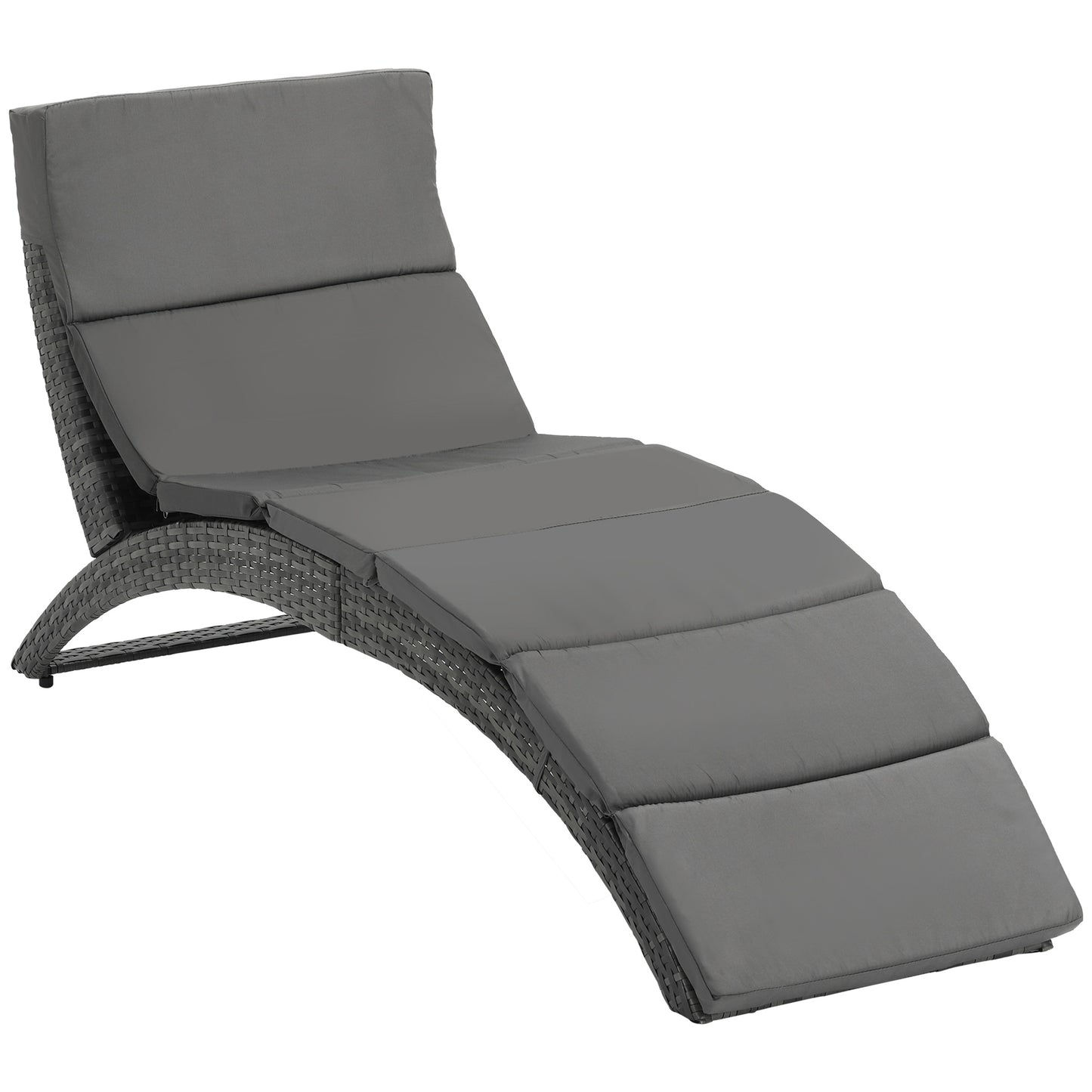 Outsunny Folding Sun Lounger, PE Rattan Garden Lounger Chair with Soft Padded Cushion, Ergonomic Curved Design Sun Bed for Balcony, Garden, Grey