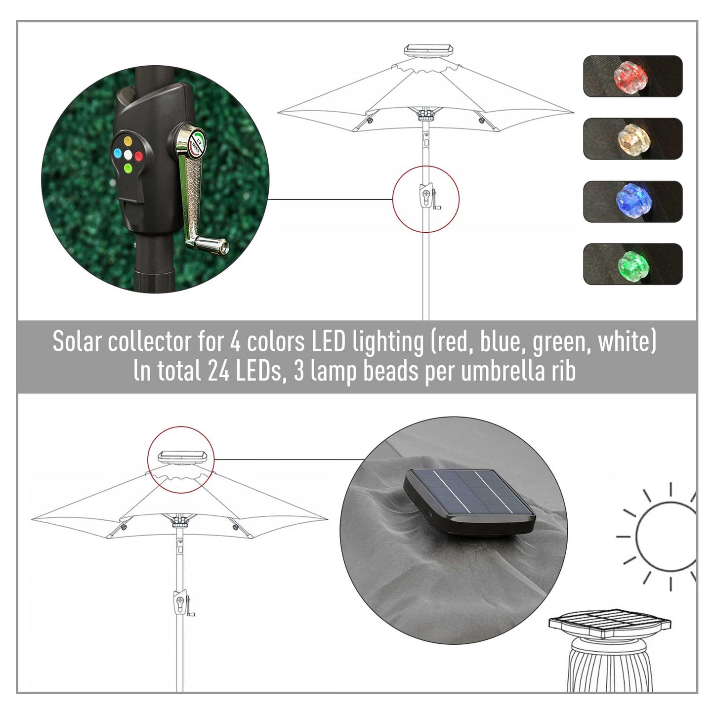 Outsunny Φ2.7m Garden 24 LED Light Parasol Solar Outdoor Tilt Sun Umbrella Patio Club Party Event Manual Sun Shade w/ Hand Crank and 8 Ribs, Grey