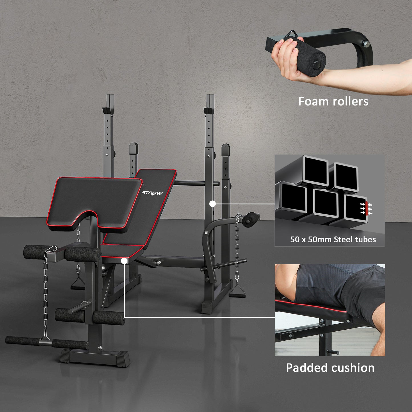 SPORTNOW Weight Bench with Two Barbell Racks, Leg Curl Machine, Preacher Curl Bench, Black