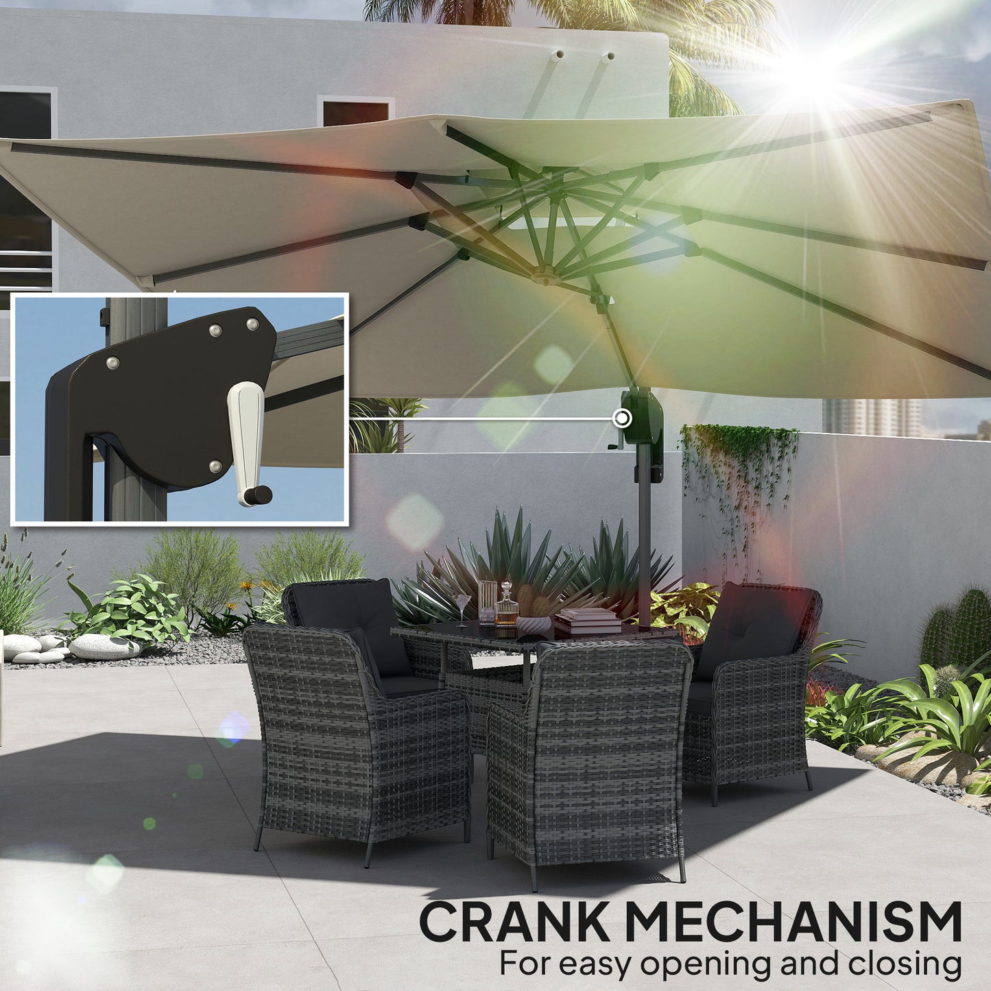 Outsunny 3.7 x 2.7 m Cantilever Parasol w/360° Rotation and Easy Tilt Adjustment, Aluminium Hanging Offset Outdoor Umbrella w/Double Top, Cross Base, UPF50+ Hanging Sun Shade, Grey Wood Effect Pole