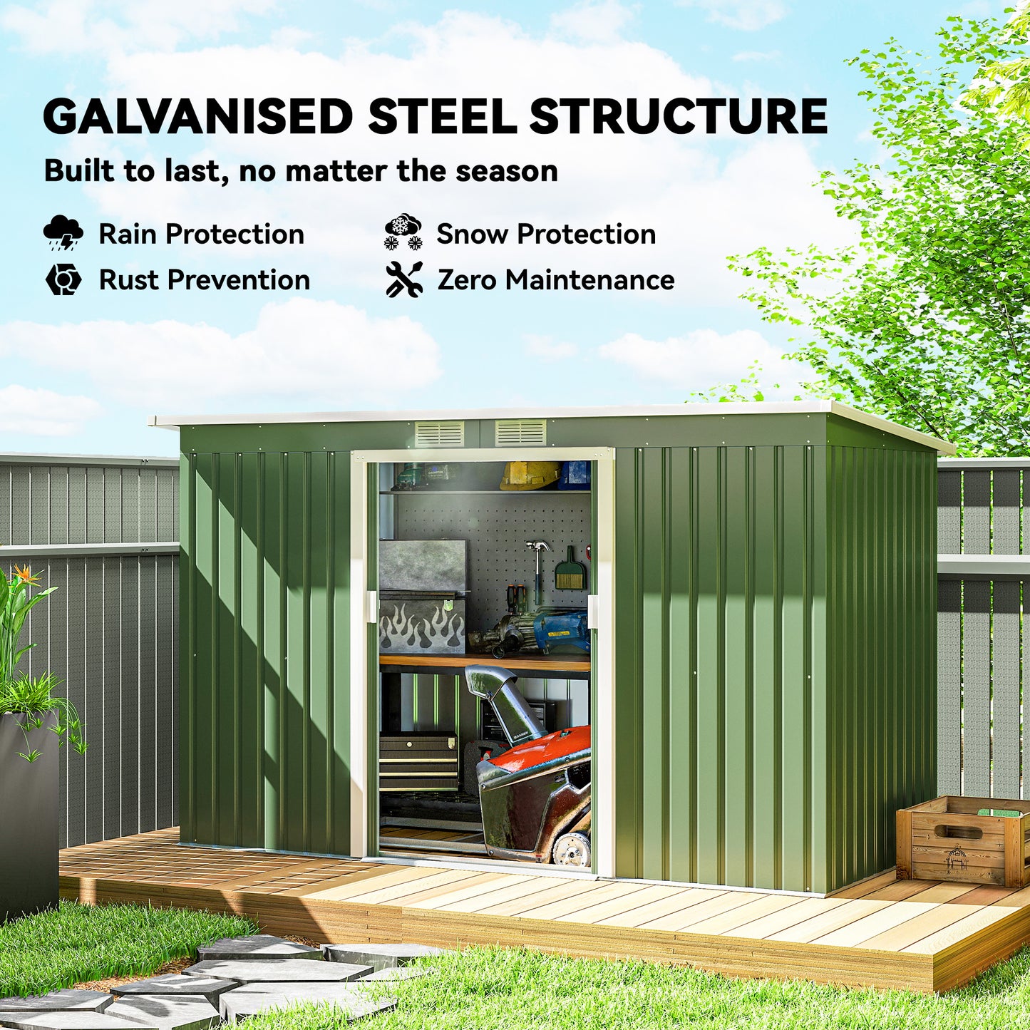 Outsunny 9ft x 4ft Metal Garden Shed, Outdoor Tool House with Foundation Kit, Ventilations and Double Doors, Light Green