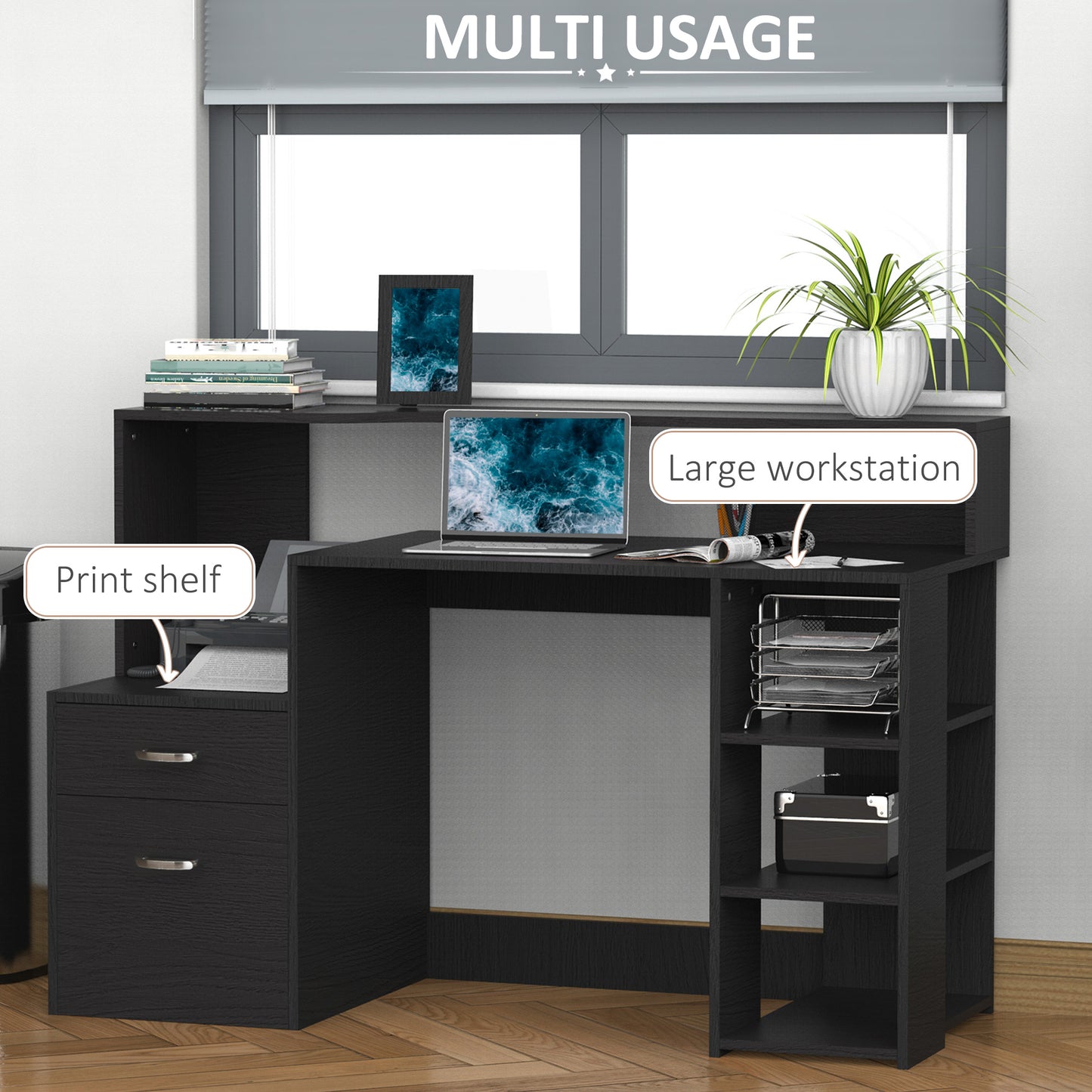 HOMCOM Computer Desk with Drawers and Storage Shelves, Office Desk Writing Table with Printer Stand, Large Workstation for Study Play Work Home Office, 137 x 55 x 92cm, Black