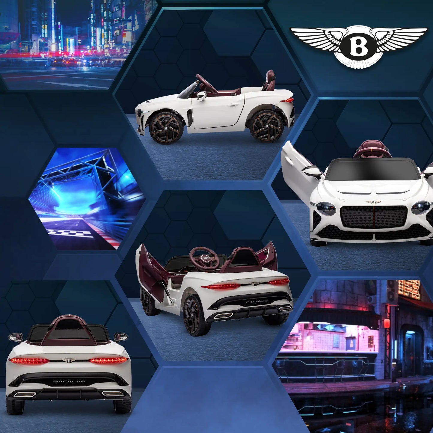 Bentley Bacalar Licensed 12V Kids Electric Car, with Remote Control, Horn, Lights, Music, Suspension Wheels, White