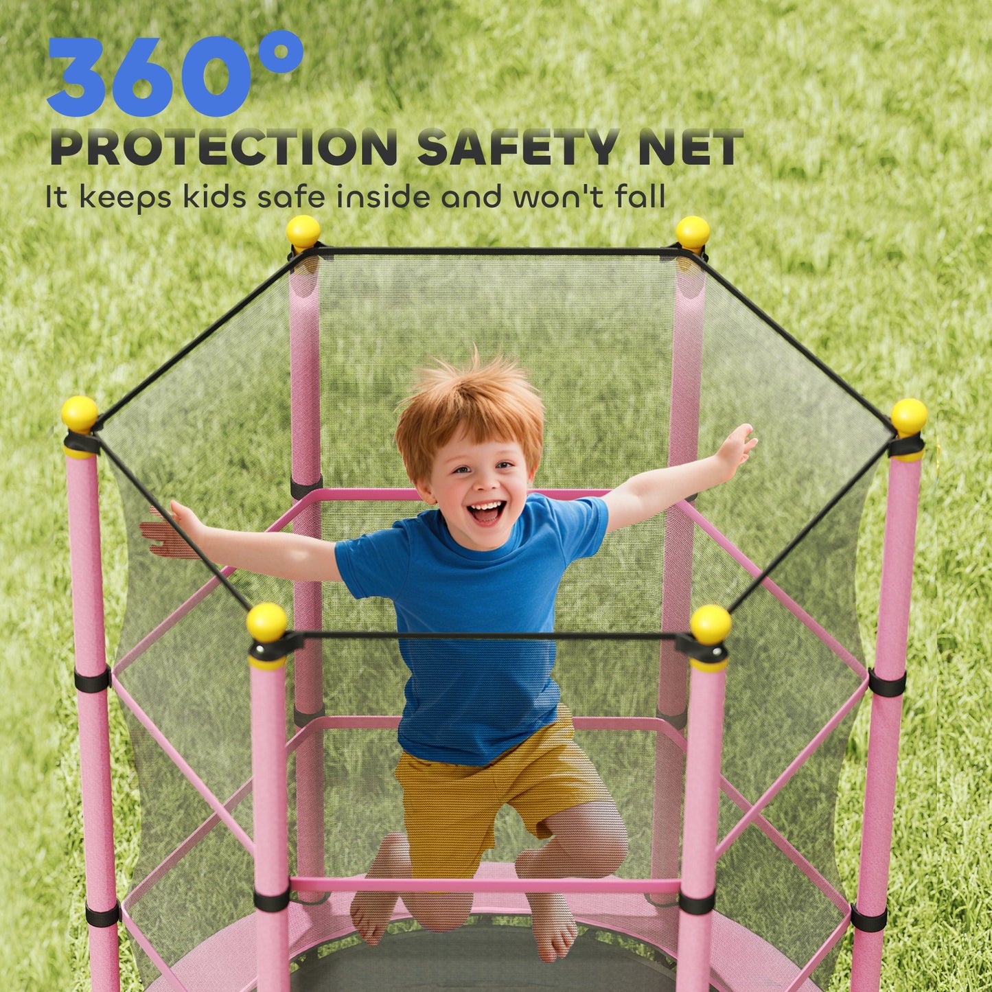 HOMCOM 4.6FT/55" Kids Trampoline with Safety Enclosure, Outdoor Indoor Use, for Ages 3-10 Years, Pink