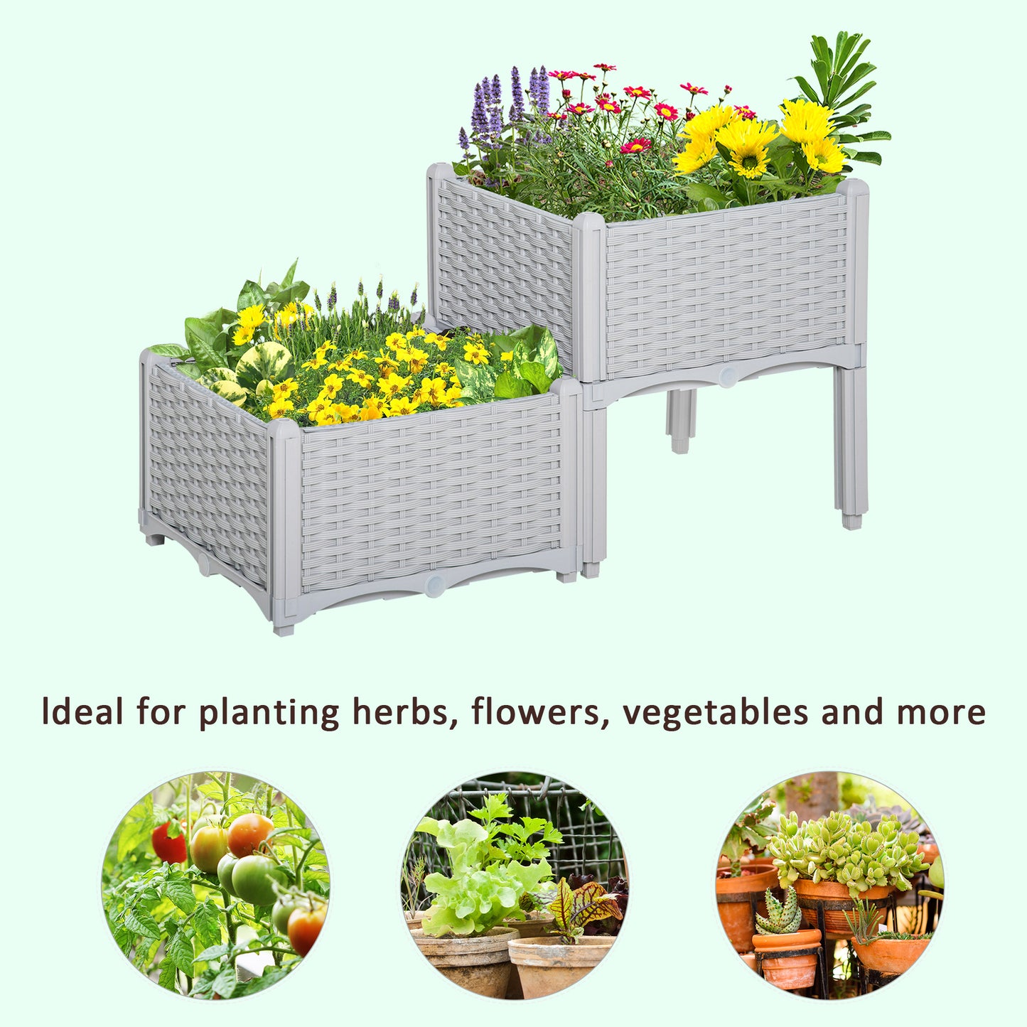 Outsunny Set of Two Rattan-Effect Planters - Grey