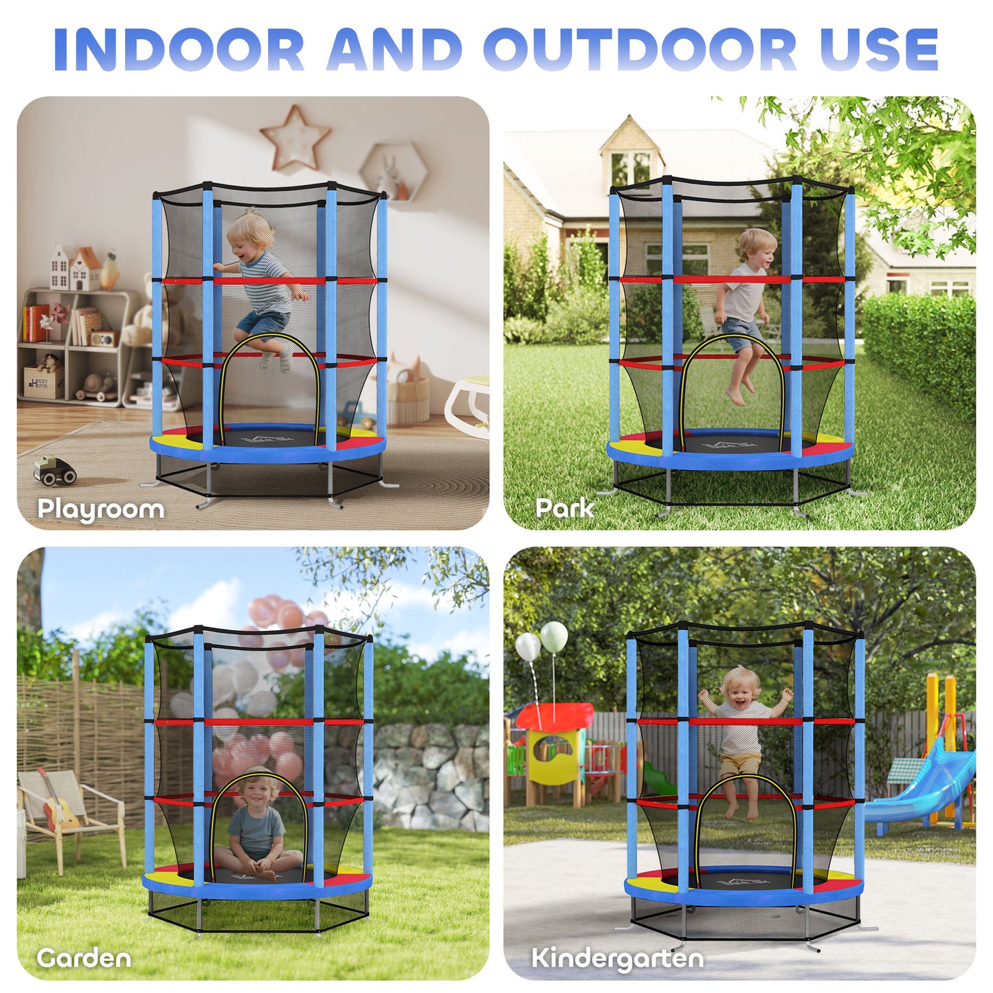 HOMCOM Kids Trampoline, with Enclosure Net, Steel Frame, for Ages 3-6 Years - MultiColoured