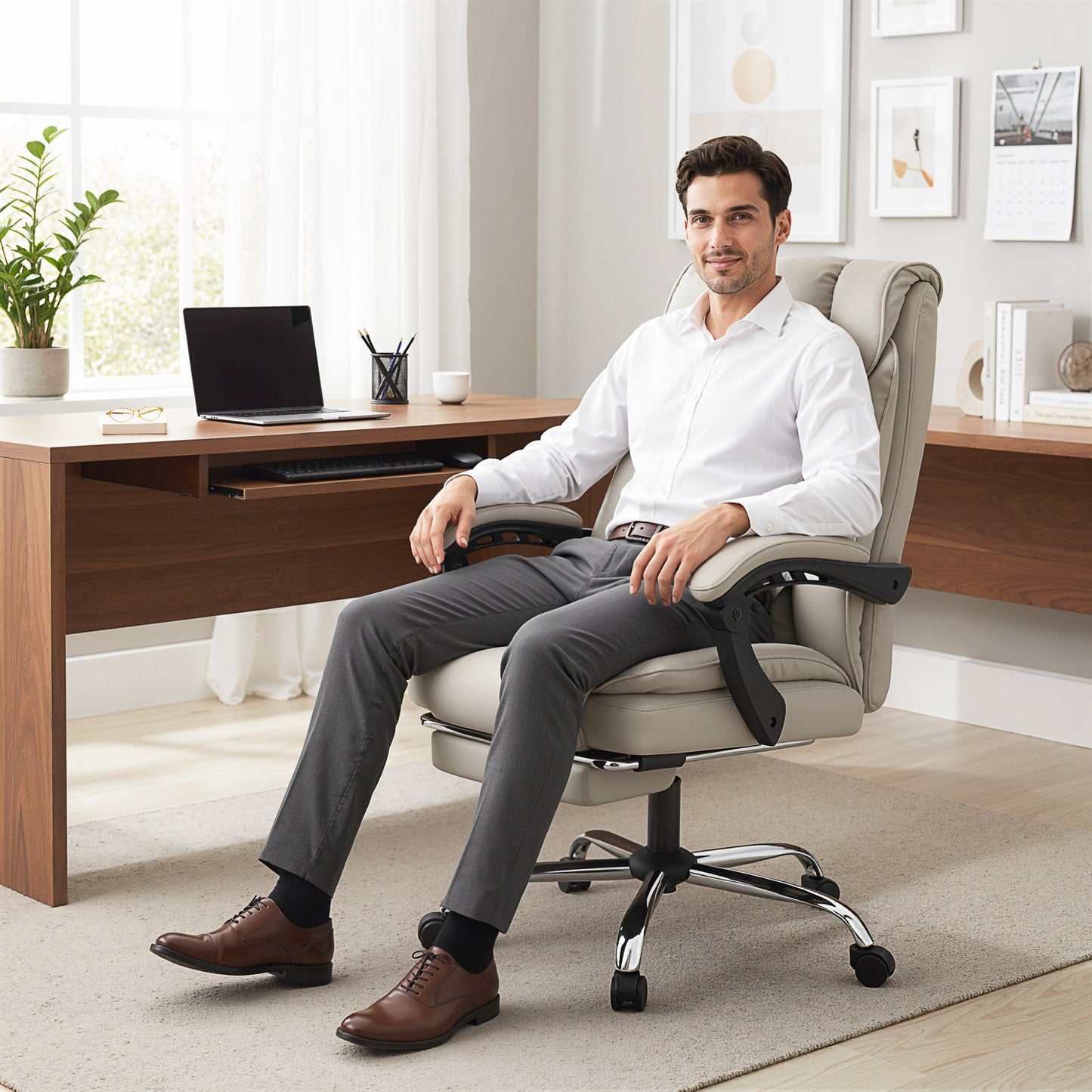 HOMCOM Pet-Friendly Faux Leather Computer Desk Chair, Executive Office Chair with Footrest and Double-Layer Padding, Khaki