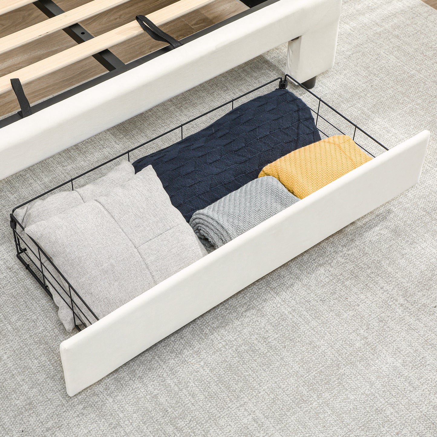 HOMCOM Double Ottoman Bed Frame, with Front Drawer - Cream