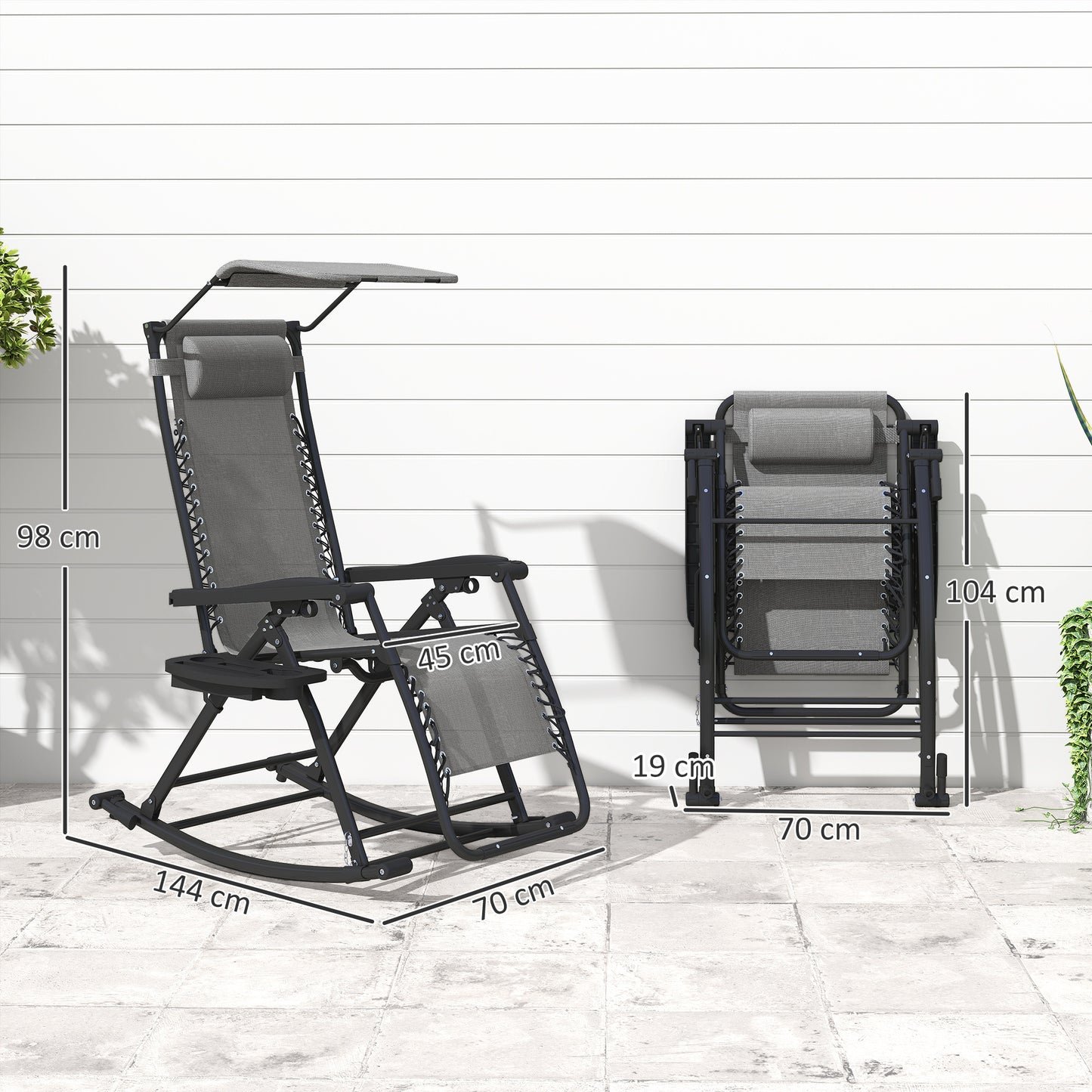 Outsunny Garden Rocking Chair Folding Recliner Outdoor Adjustable Sun Lounger Rocker Zero-Gravity Seat with Headrest Side Holder Patio Deck - Grey