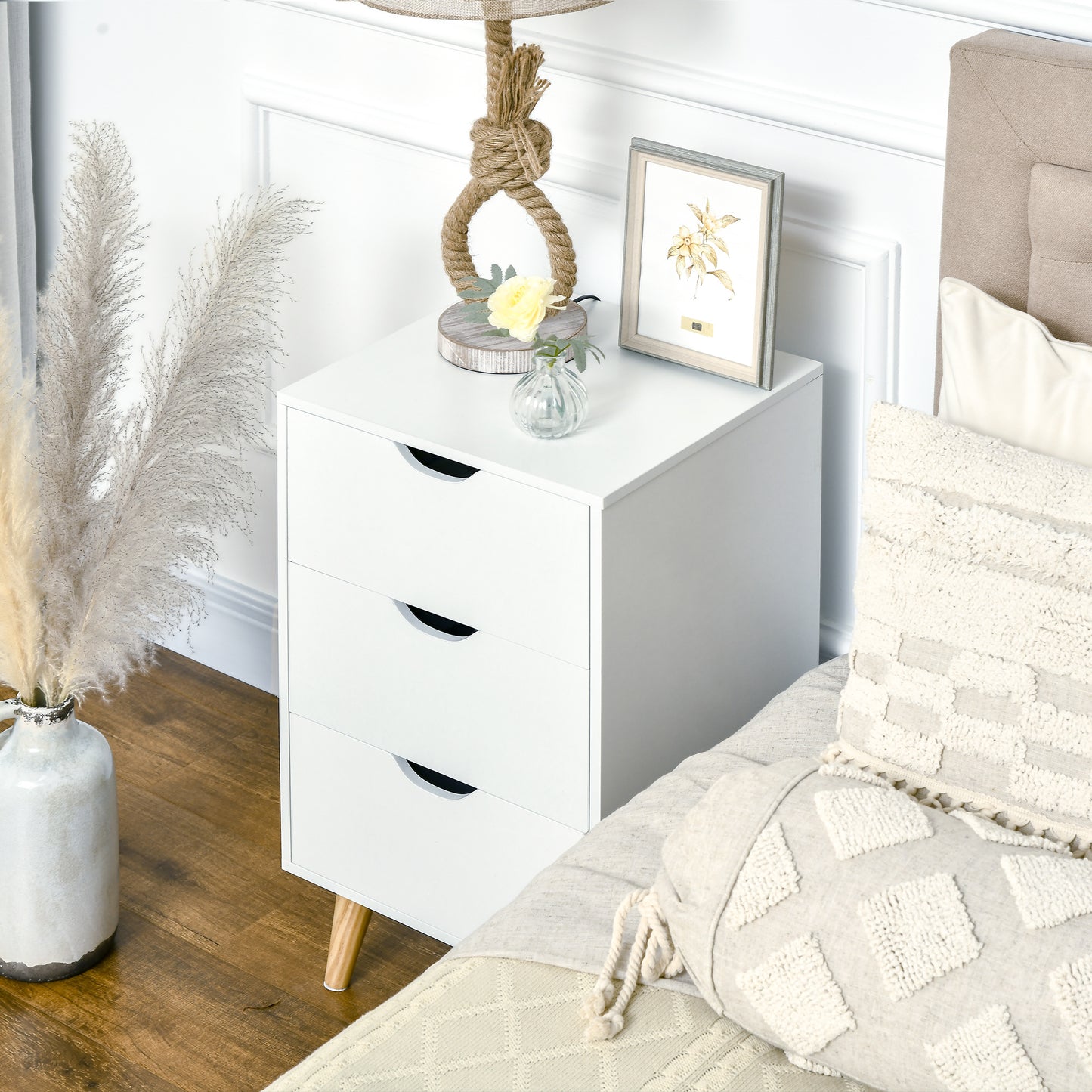 HOMCOM Bedside Table, Bedside Cabinet with 3 Drawers, Side End Table with Pine Wood Legs for Bedroom Living Room, Cream White