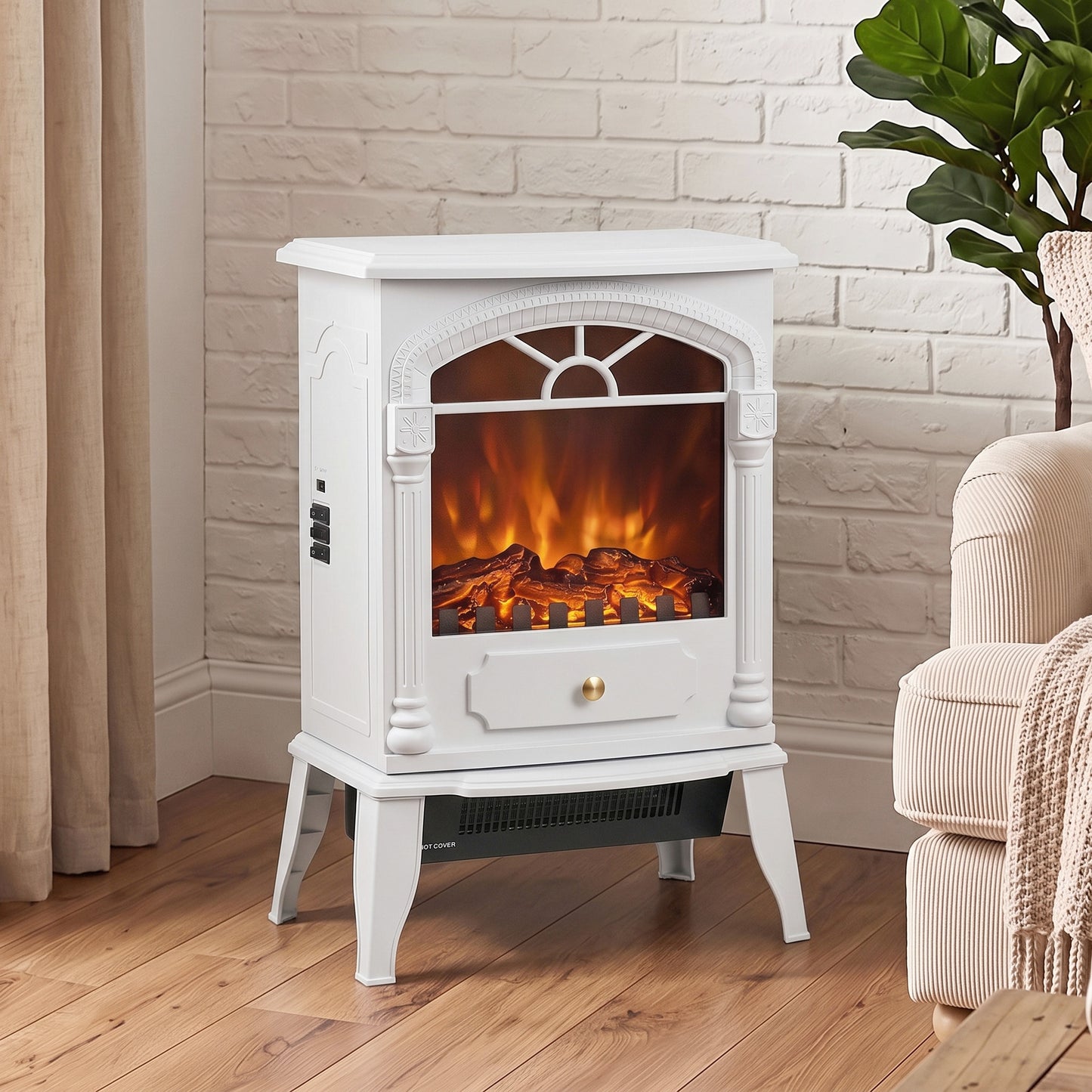HOMCOM Freestanding Portable Fireplace, Electric Fireplace Stove Heater with 3D Flame Effect and Adjustable Thermostat, White