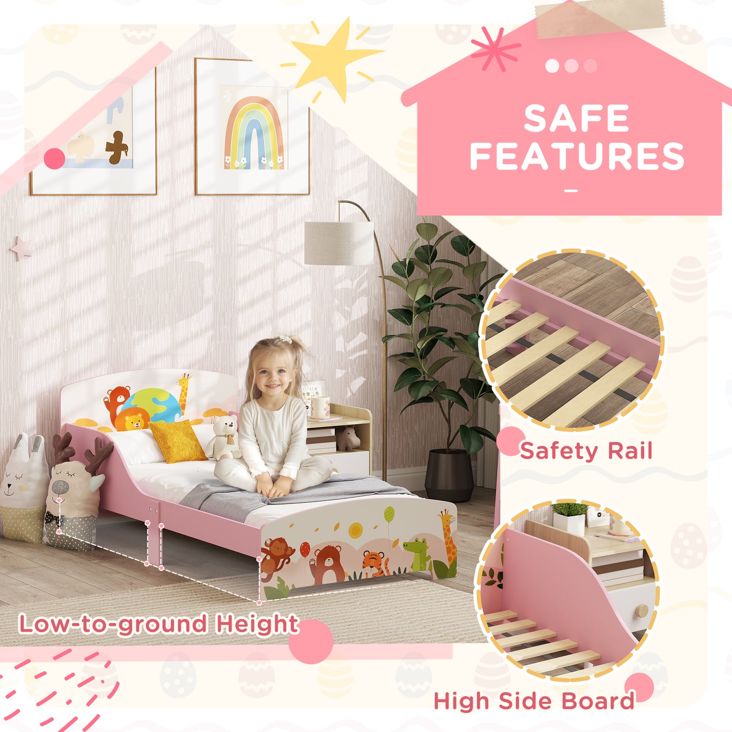AIYAPLAY Cute Animal-Themed Toddler Bed, with Safety Rails, 143 x 77 x 60cm, Pink