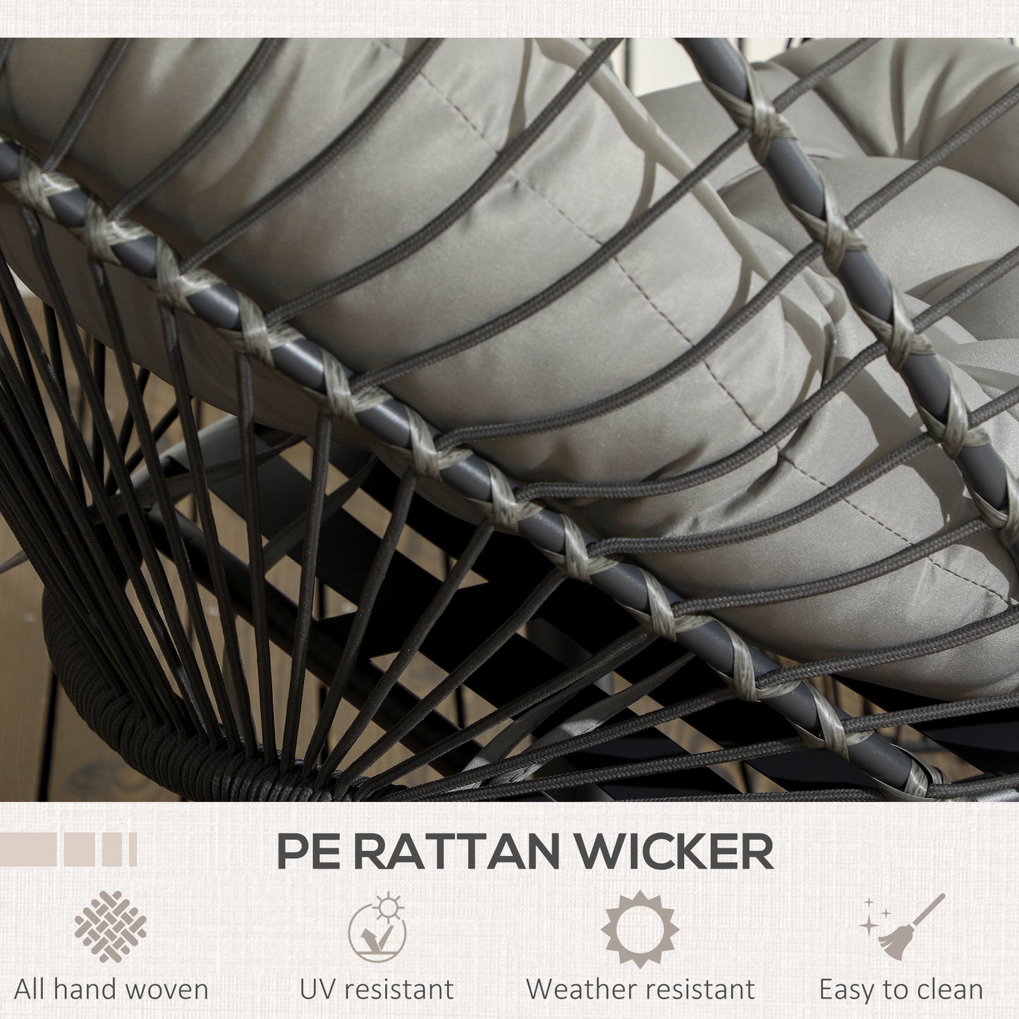 Outsunny Outdoor PE Rattan Swing Chair with Foldable Basket and Cushion, Garden Patio Hanging Egg Chair with Metal Stand, Headrest for Indoor and Outdoor, Light Grey