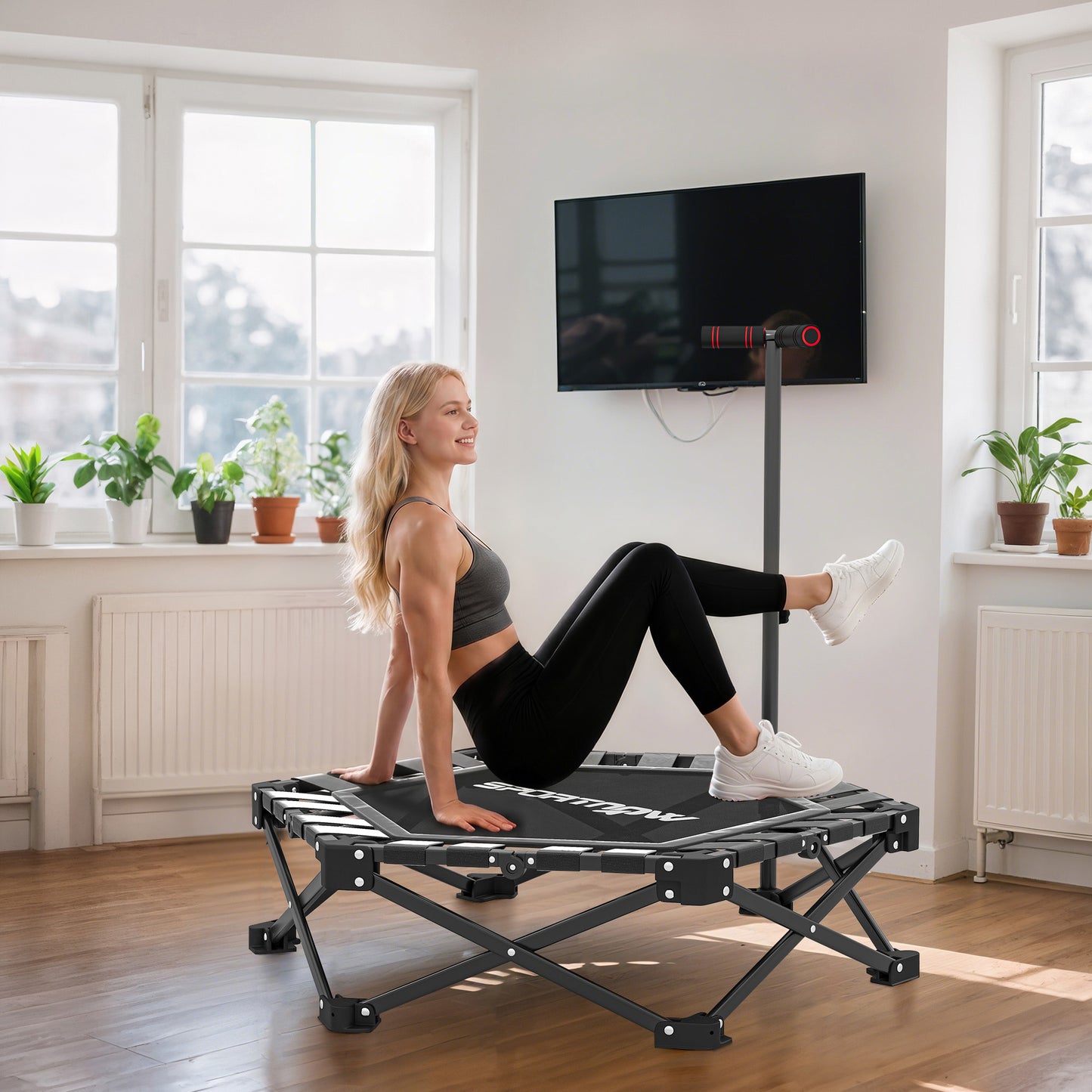 SPORTNOW 42" Foldable Mini Trampoline, One-Step Fold & Open, Rebounder Trampoline with 3-Level Adjustable Handle for Adults