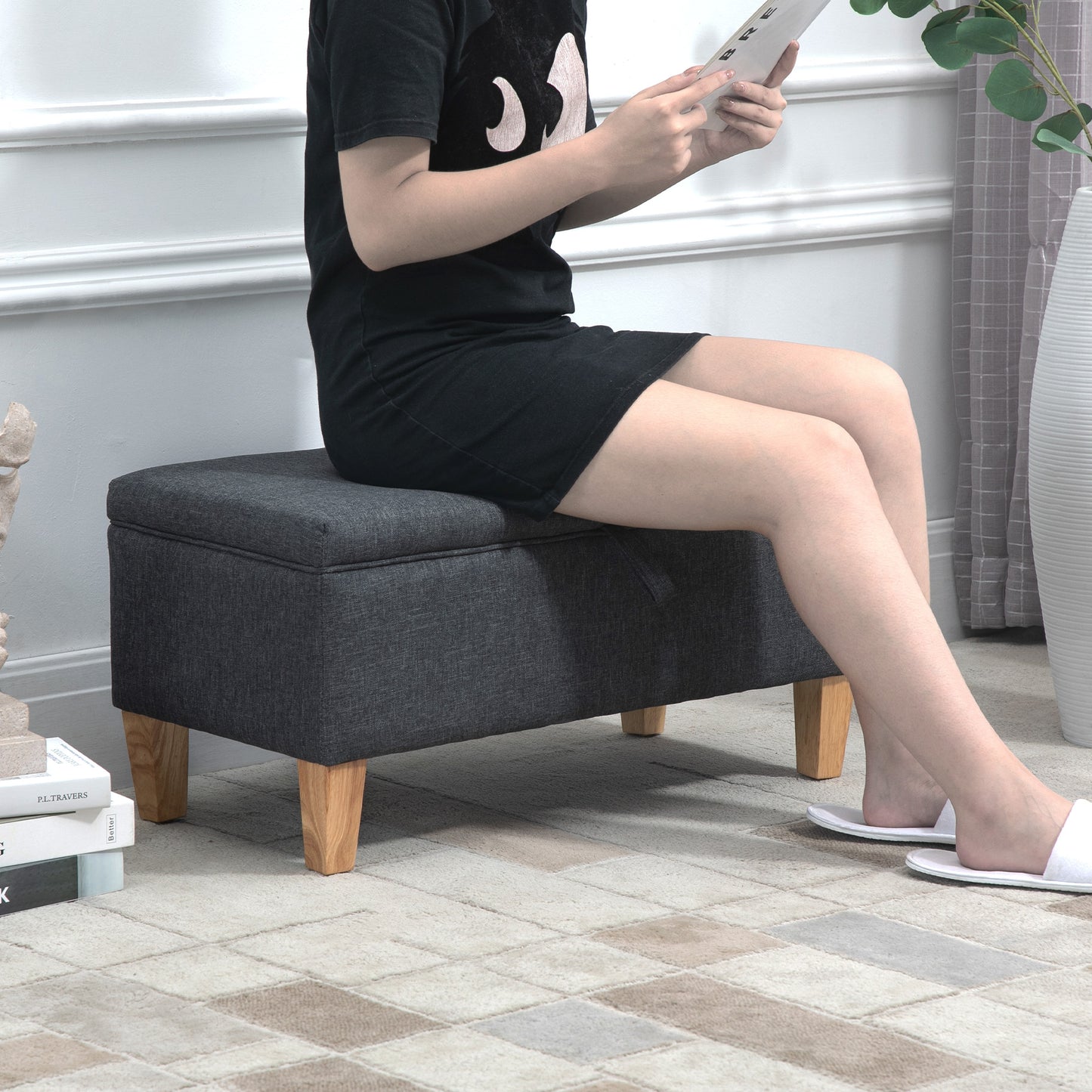HOMCOM 30L Linen Storage Ottoman Padded Footstool with Rubberwood Legs for Storage Box, Bed End, Shoe Bench, Seating, Dark Grey