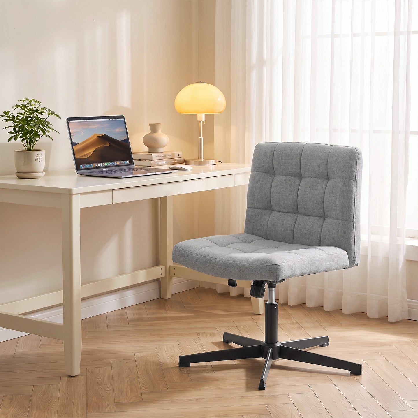 HOMCOM Armless Office Chair, Cross Legged Linen Computer Desk Vanity Chair with Wide Seat, Rocking Function, Grey